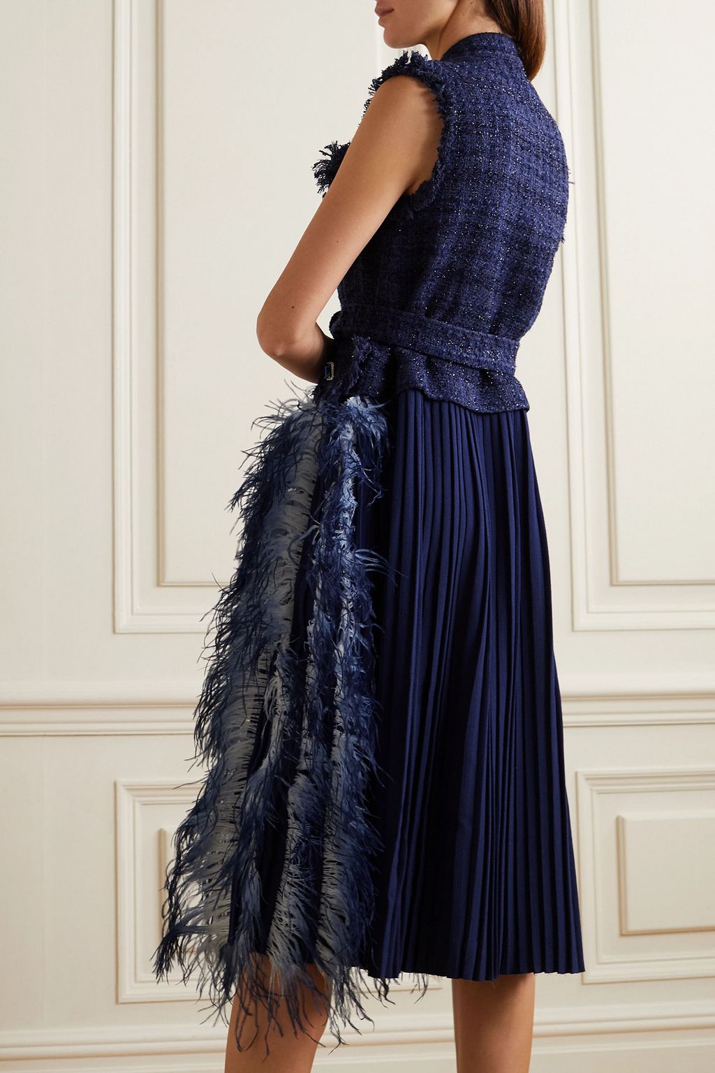 HUISHAN ZHANG Wyatt crystal-embellished feather-trimmed belted metallic tweed midi dress