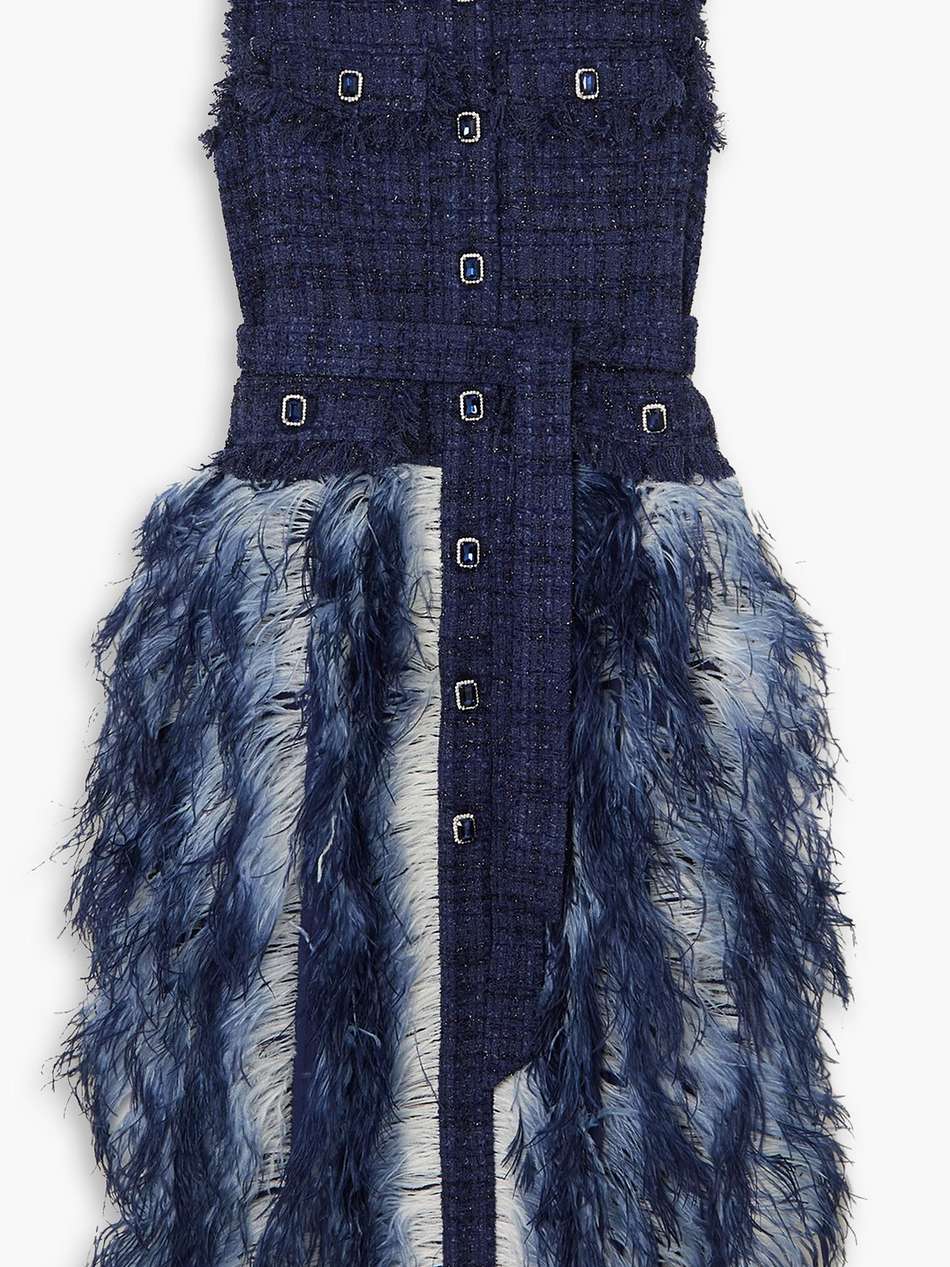 wyatt crystal-embellished feather-trimmed belted metallic tweed midi dress