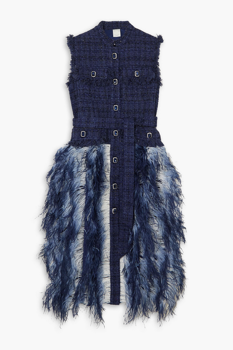 Huishan Zhang Wyatt Crystal-embellished Feather-trimmed Belted Metallic Tweed Midi Dress In Navy