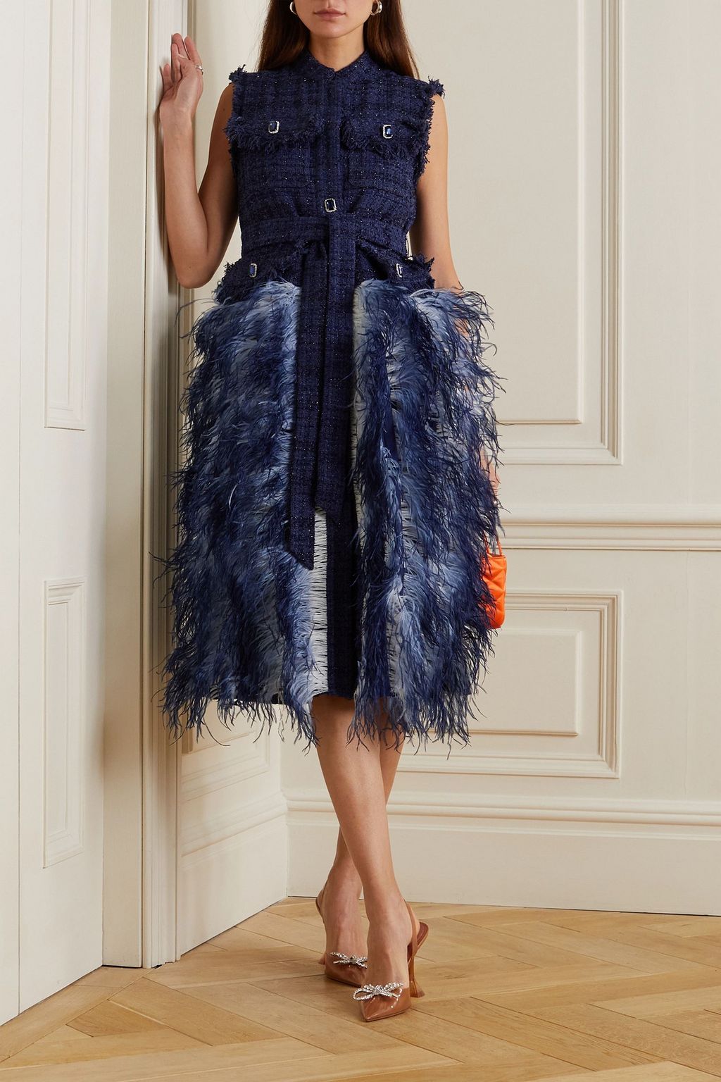 HUISHAN ZHANG Wyatt crystal-embellished feather-trimmed belted metallic tweed midi dress