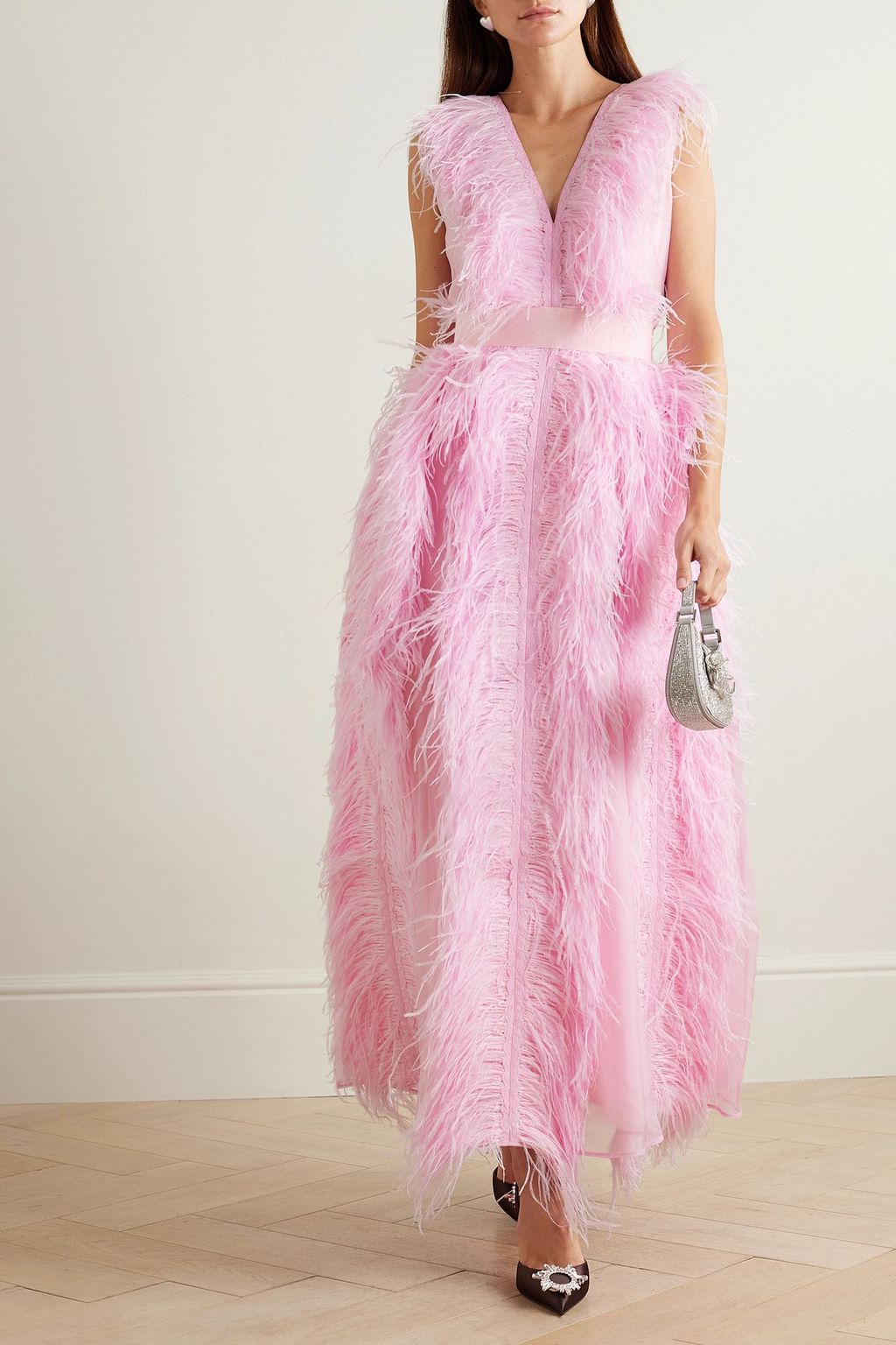 HUISHAN ZHANG Feather-embellished silk-organza gown