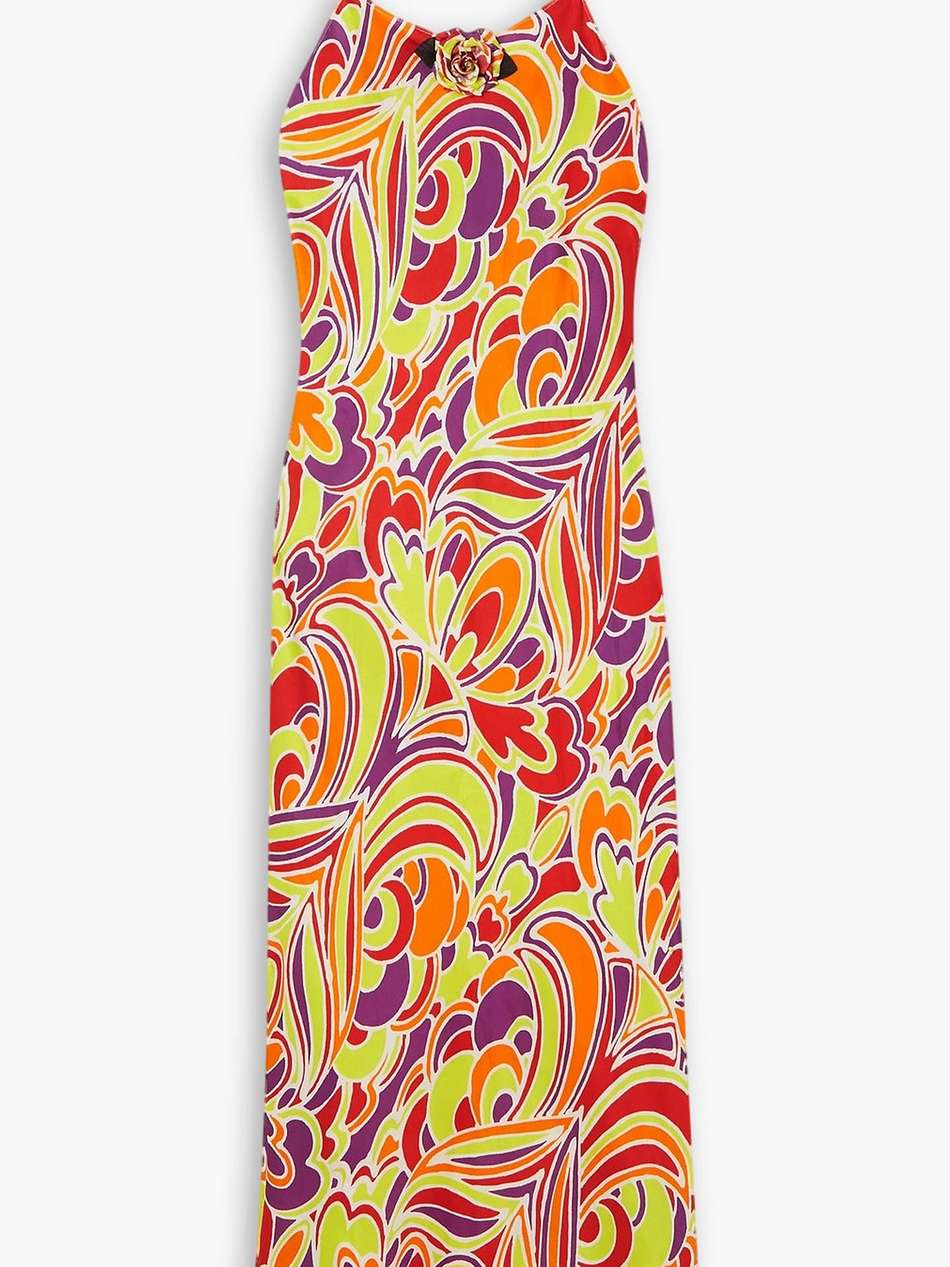 appliquéd printed silk-satin maxi slip dress