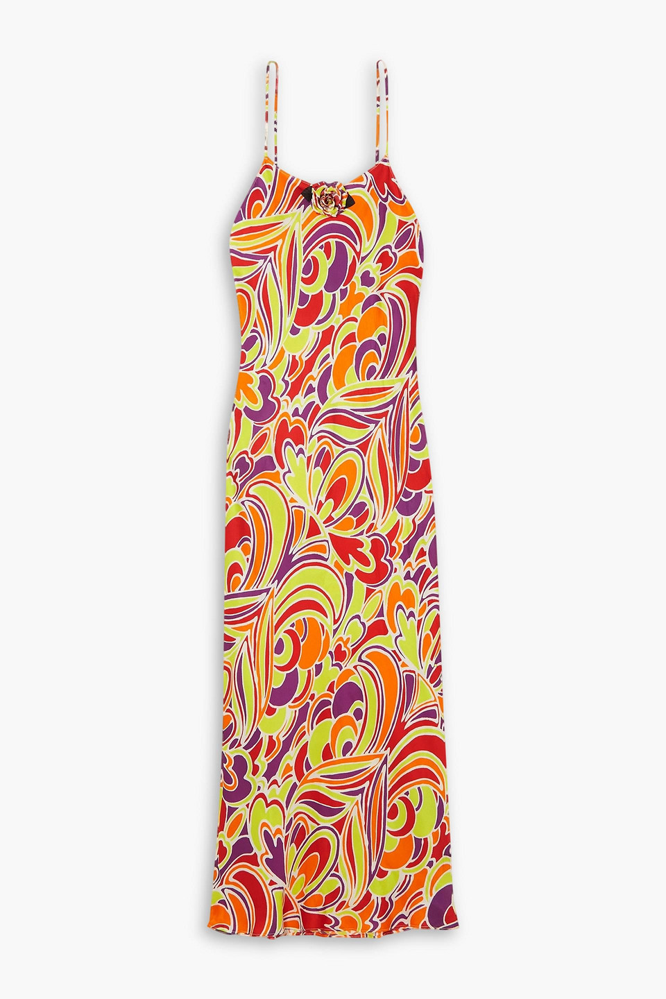 Rodarte Rose-brooch Abstract-print Crepe Slip Dress In Multi