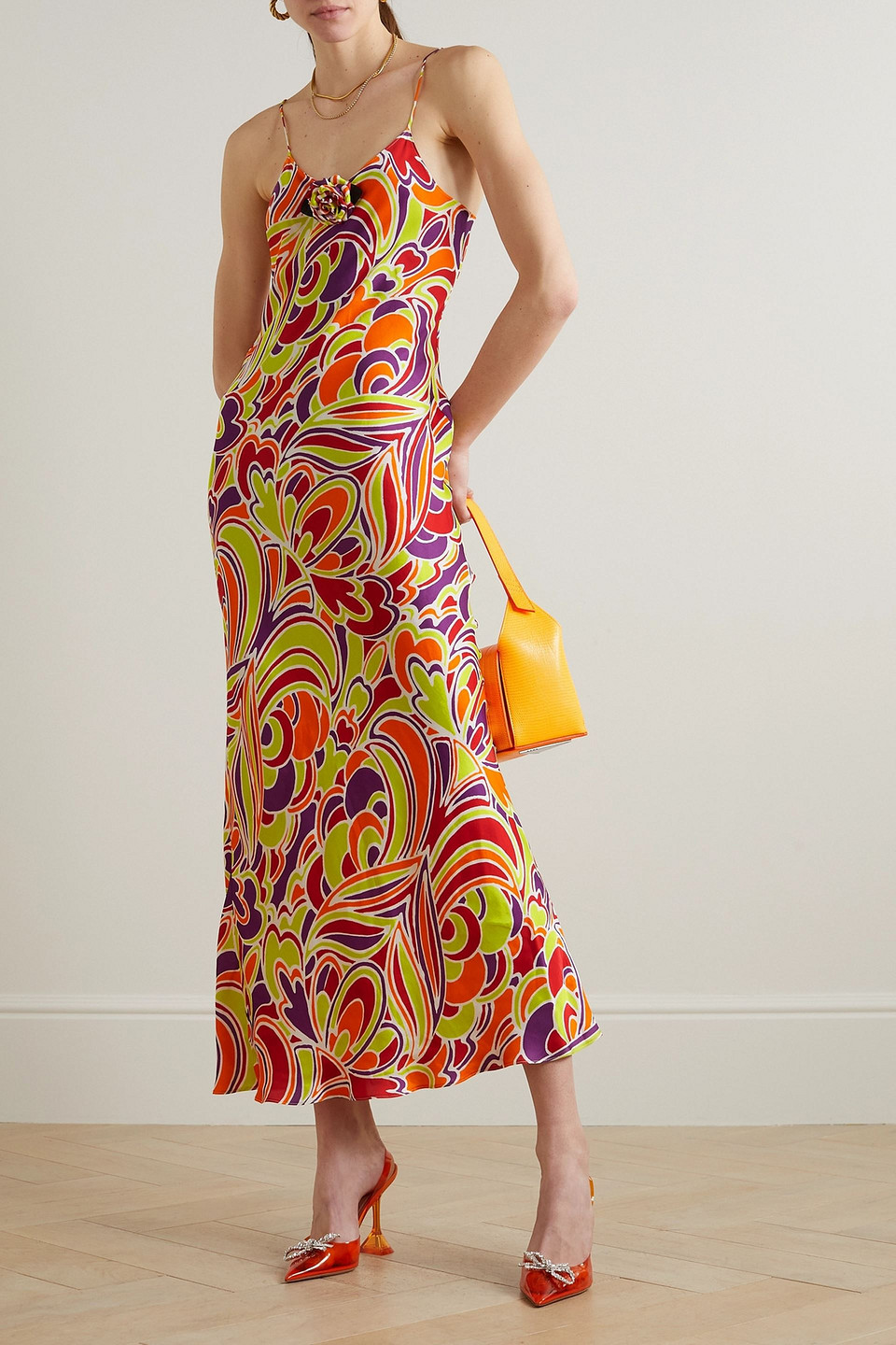 Rodarte Rose-brooch Abstract-print Crepe Slip Dress In Lindgrün