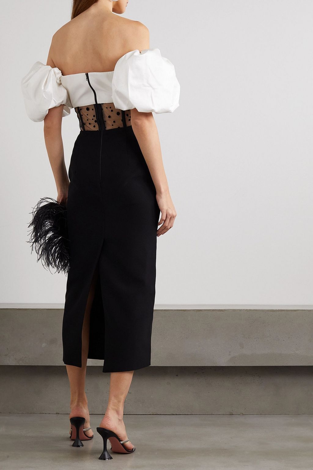 RASARIO Off-the-shoulder bow-detailed taffeta, flocked tulle and crepe midi dress