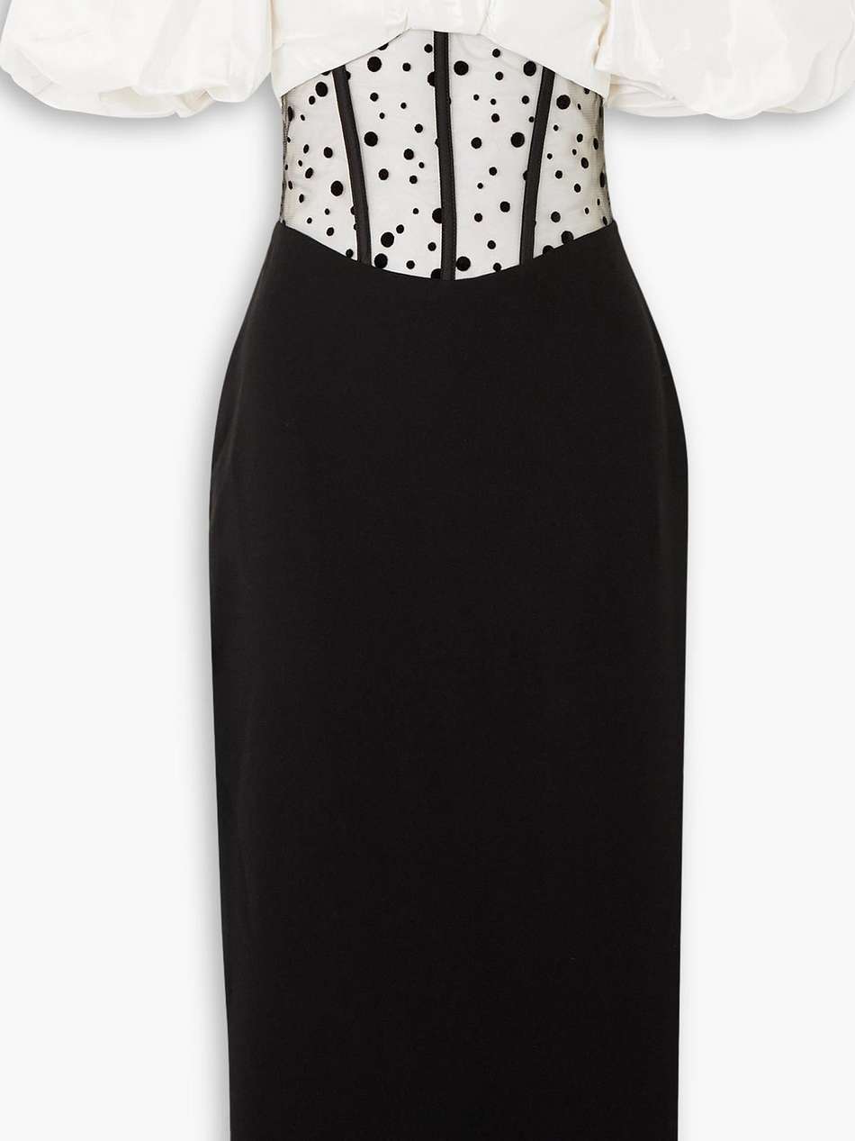 off-the-shoulder bow-detailed taffeta, flocked tulle and crepe midi dress