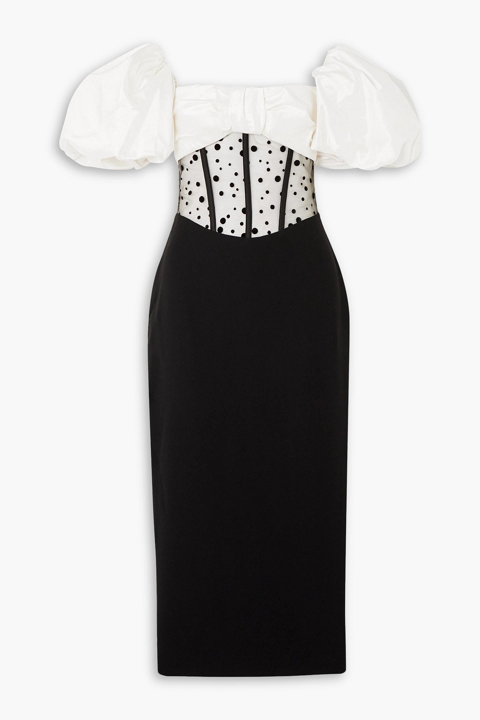 Rasario Off-the-shoulder Bow-detailed Taffeta, Flocked Tulle And Crepe Midi Dress In Schwarz