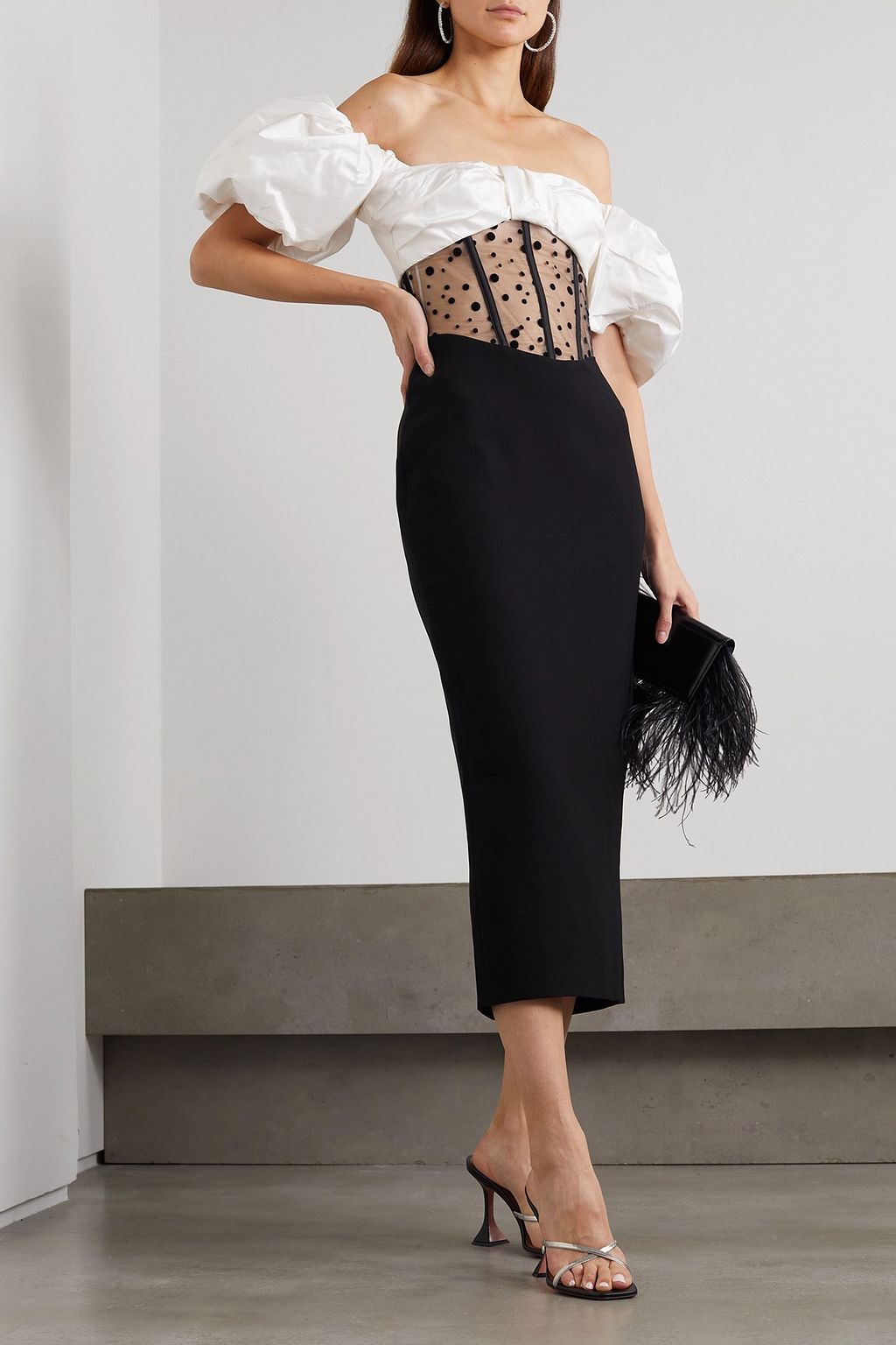 RASARIO Off-the-shoulder bow-detailed taffeta, flocked tulle and crepe midi dress