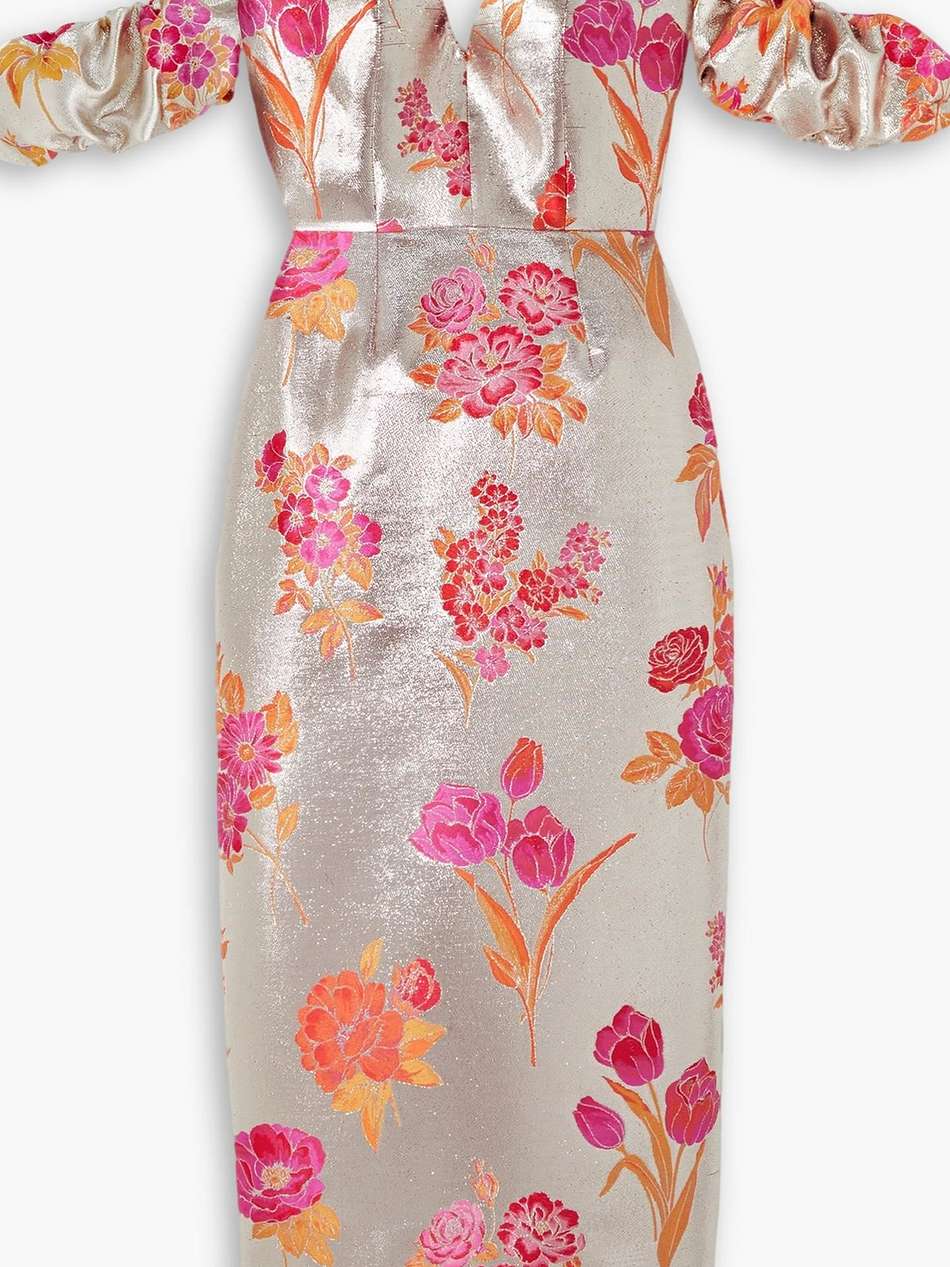 adelaide off-the-shoulder metallic floral-jacquard midi dress