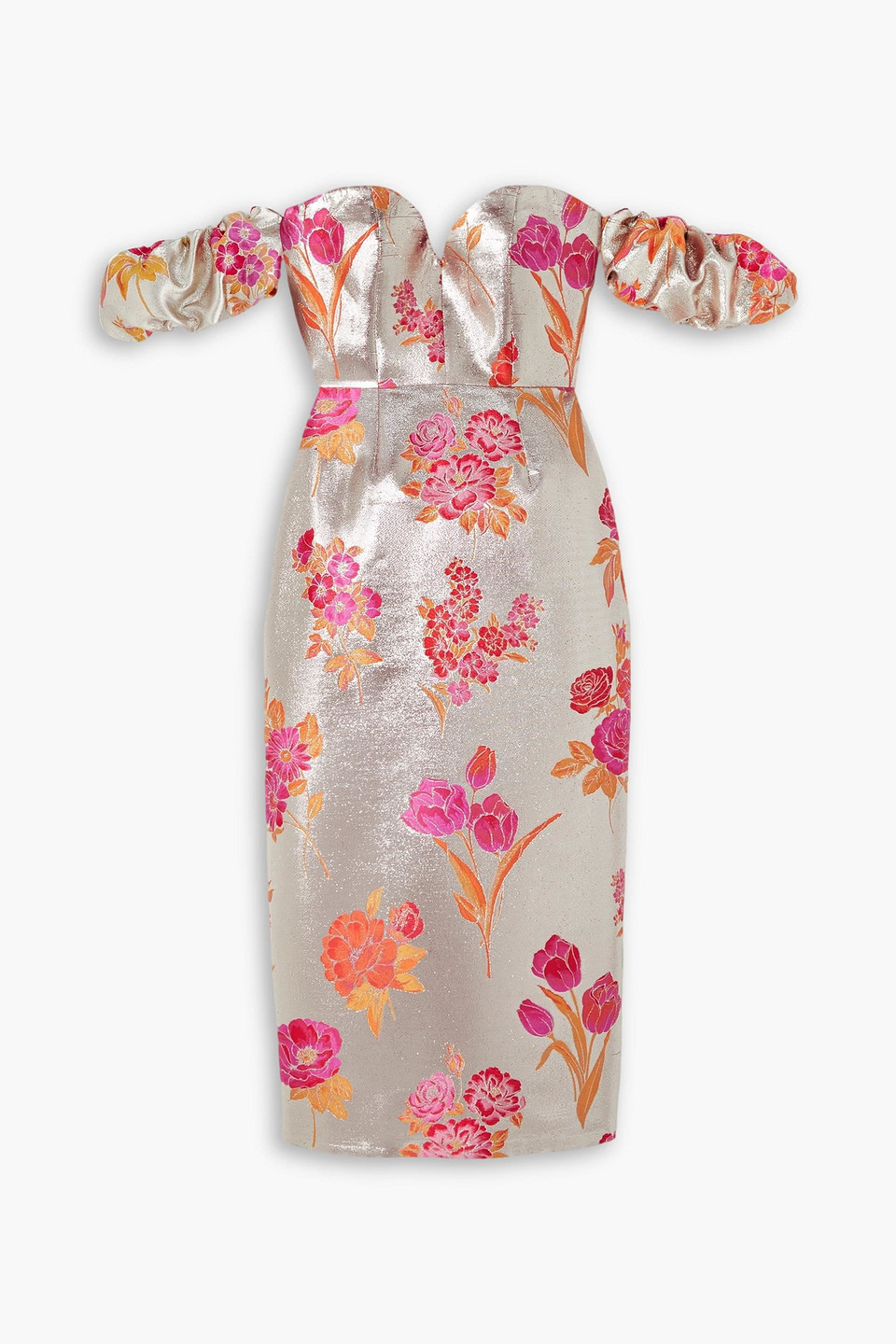 Markarian Adelaide Off-the-shoulder Metallic Floral-jacquard Midi Dress In Platinum