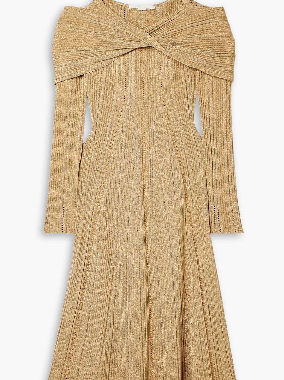 cold-shoulder metallic ribbed-knit midi dress