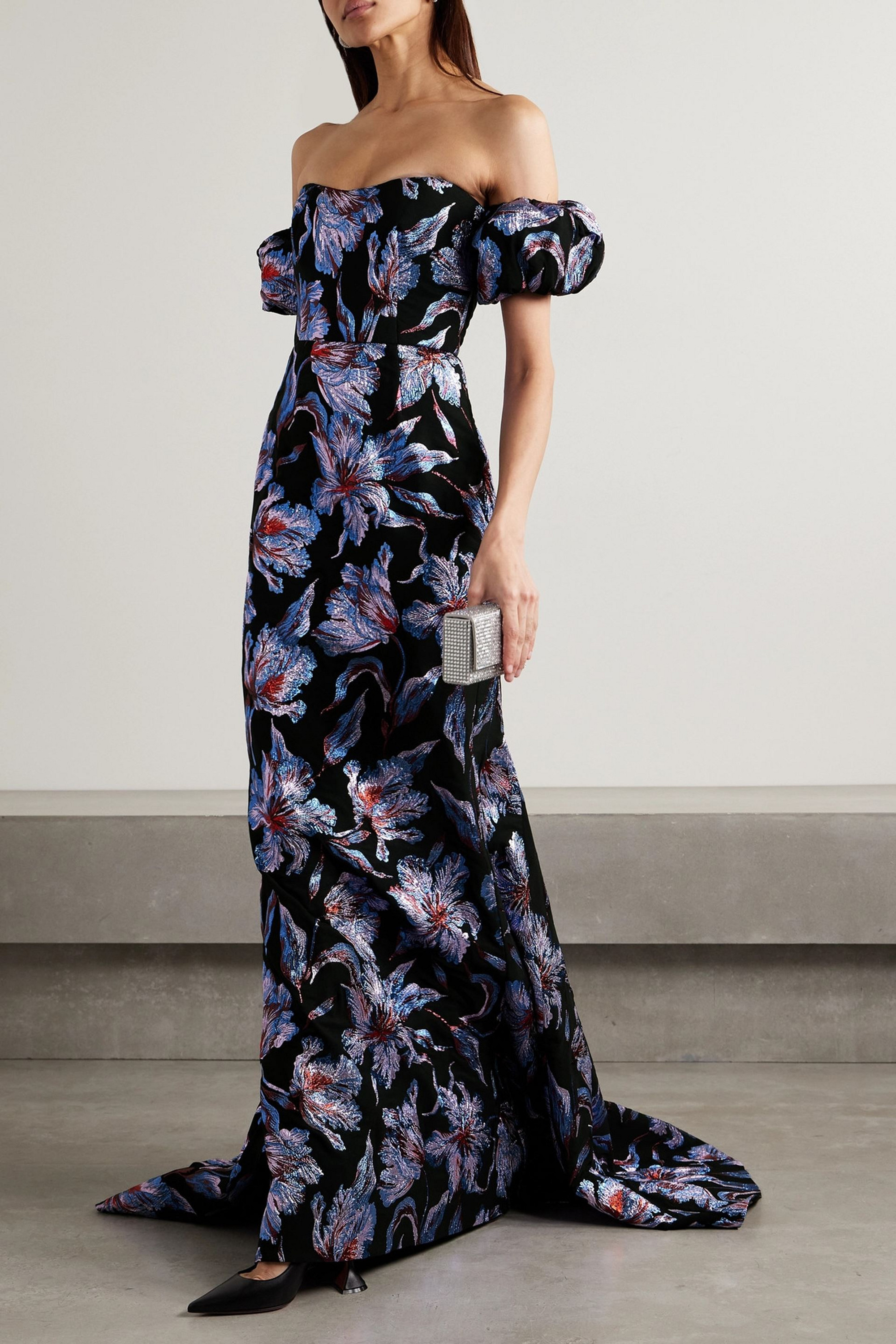 Markarian Astaire off-the-shoulder metallic brocade gown