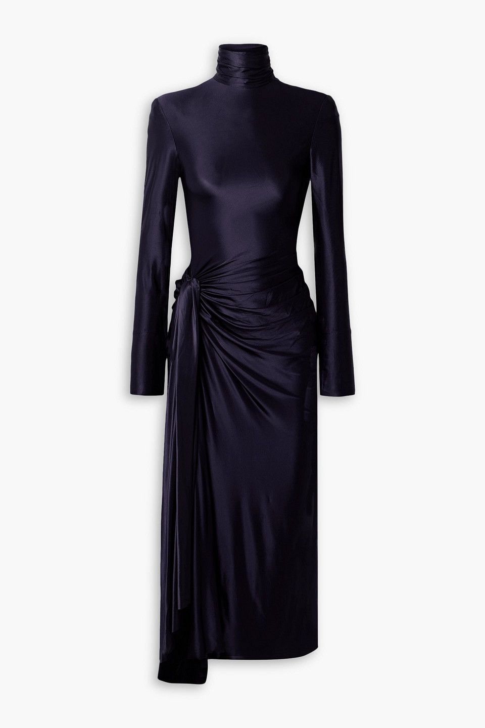 Victoria Beckham Asymmetric Ruched Satin-jersey Turtleneck Dress In Dark Purple