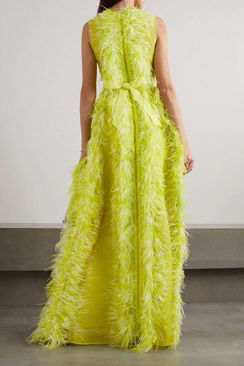 lime green feather dress Lime Green Silk Satin Backless Dress With Feather Trim 14 / Green main image 1