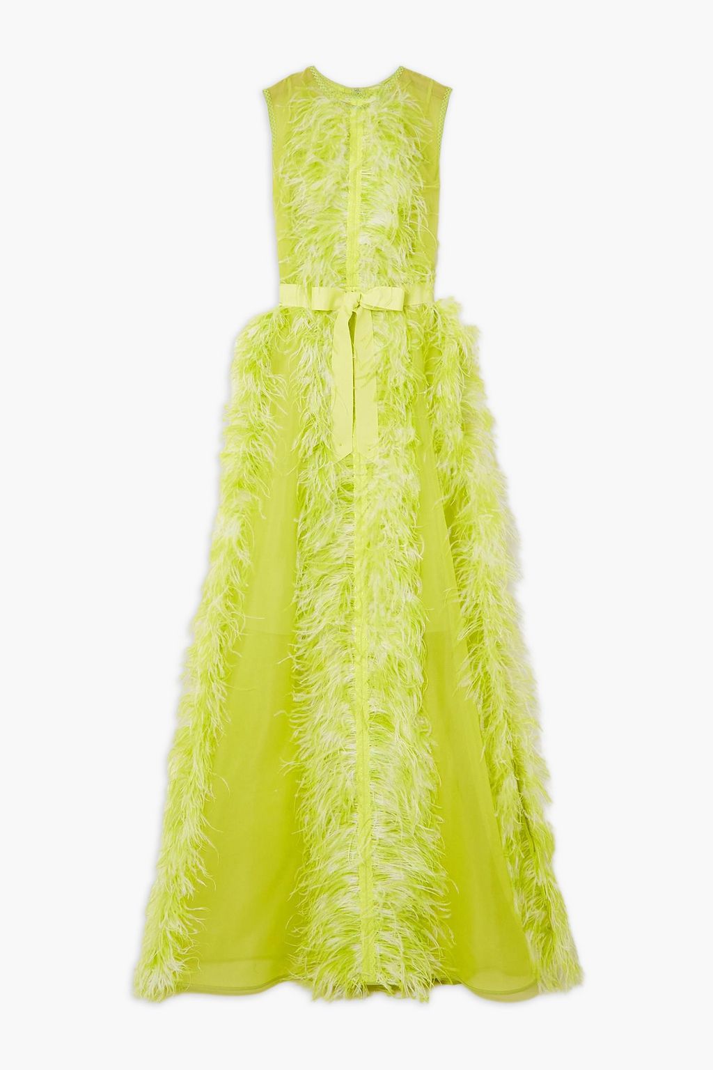 Feather embellished silk organza gown lime green UK 12