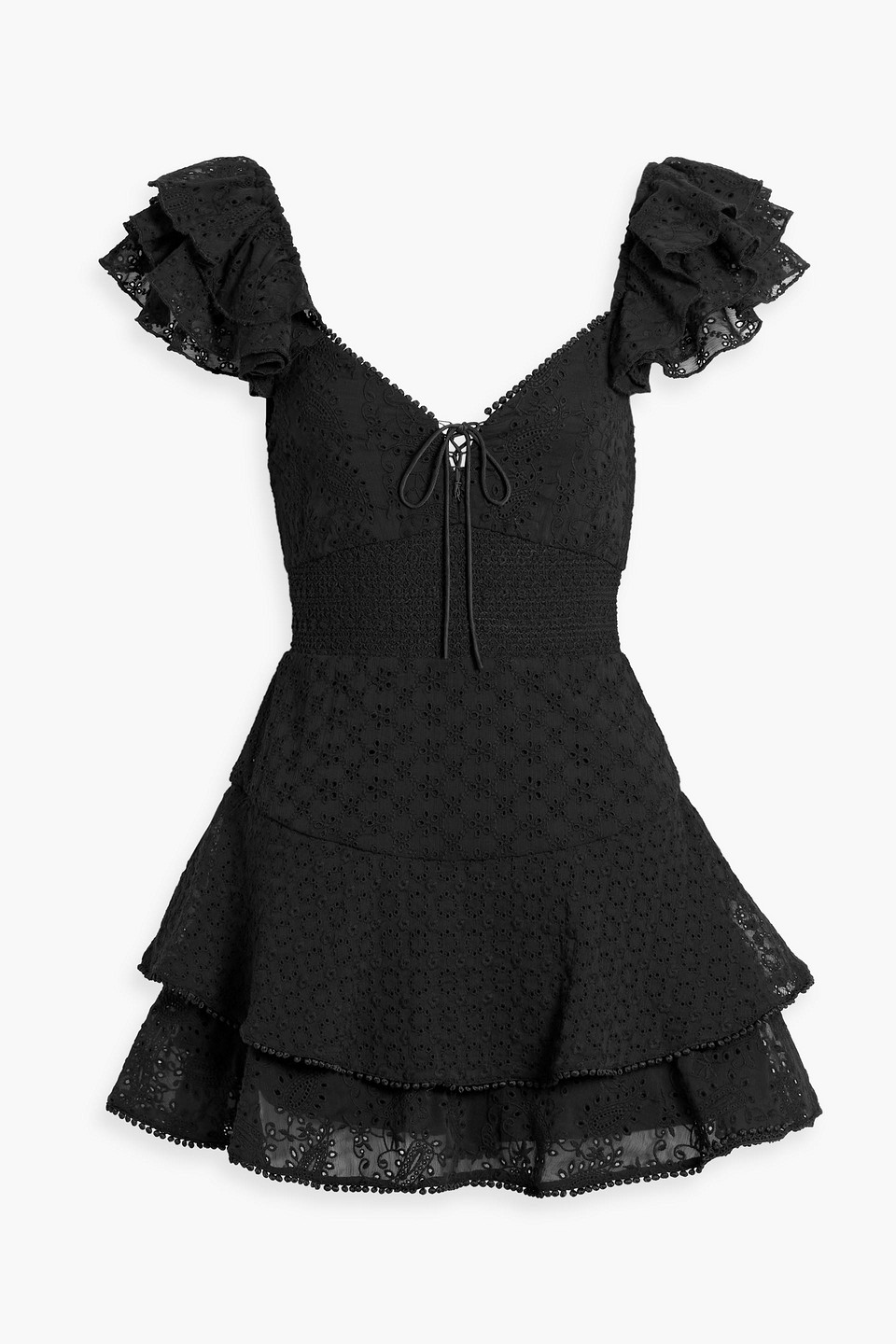 Alice And Olivia Hartford Skirt-effect Ruffled Broderie Anglaise Playsuit In Black