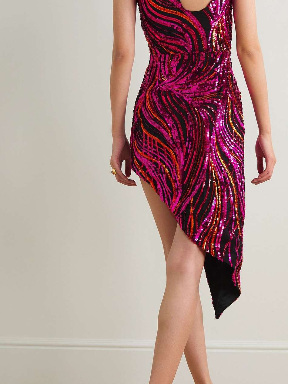 one-shoulder cutout sequined tulle mini dress