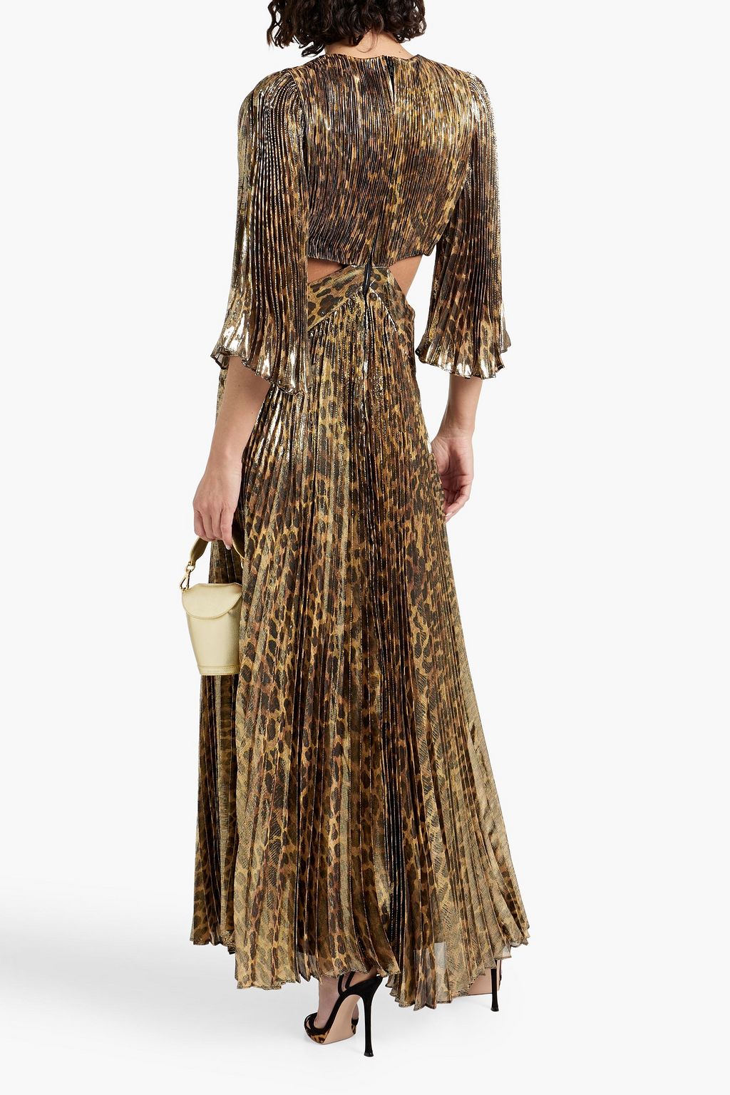 ALICE + OLIVIA シルク混プリーツ素材 マキシワンピース メタリック レオパードプリント
