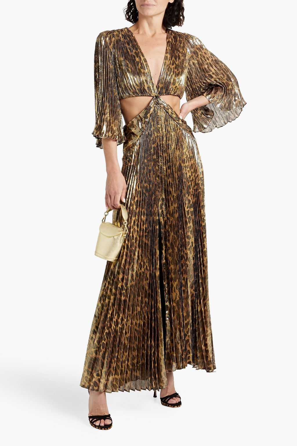 ALICE + OLIVIA シルク混プリーツ素材 マキシワンピース メタリック レオパードプリント