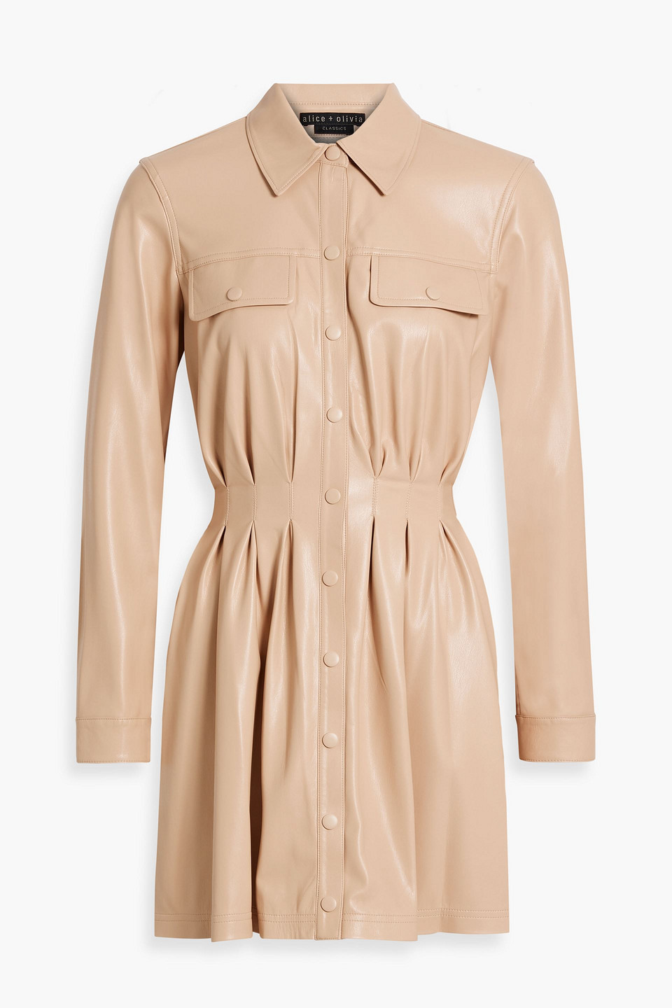 Alice And Olivia Malina Pleated Faux Leather Mini Shirt Dress In Sand