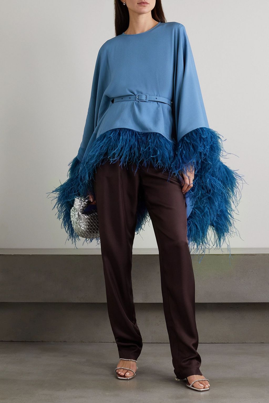 HUISHAN ZHANG Anthea belted feather-trimmed crepe blouse