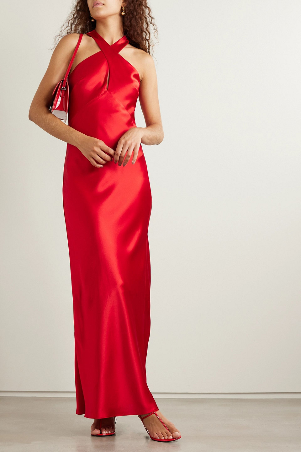 GALVAN EVELYN CUTOUT SATIN HALTERNECK MAXI DRESS