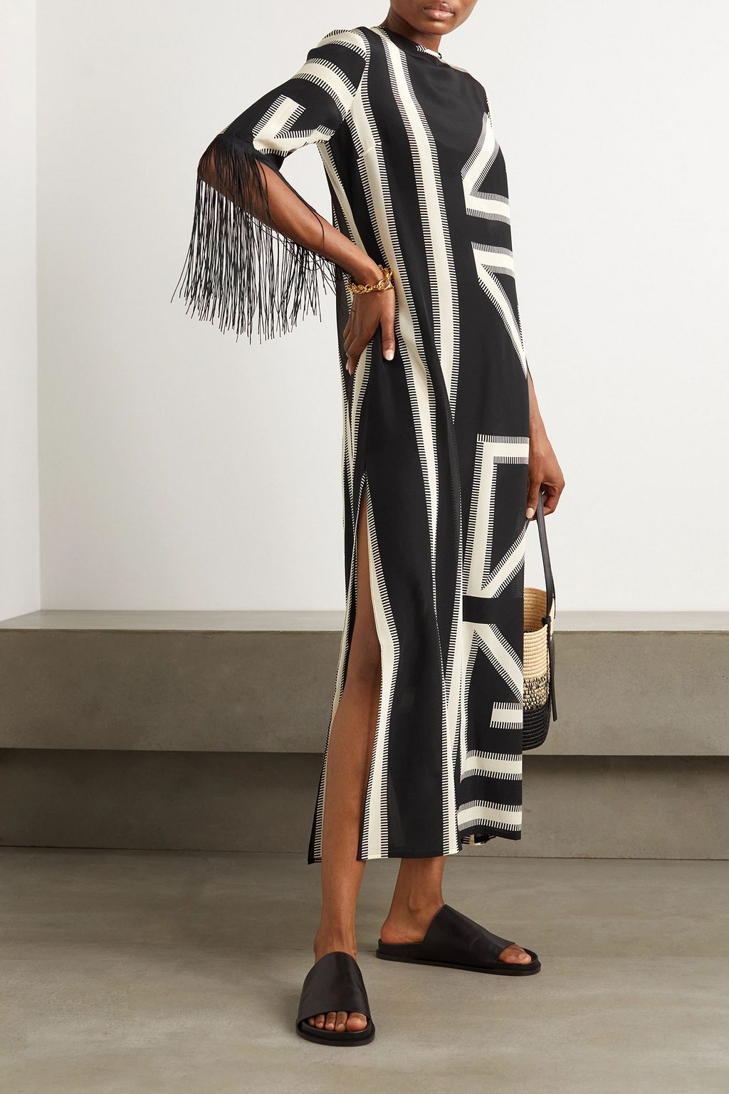 LOUISA PARRIS Fringed printed silk crepe de chine maxi dress