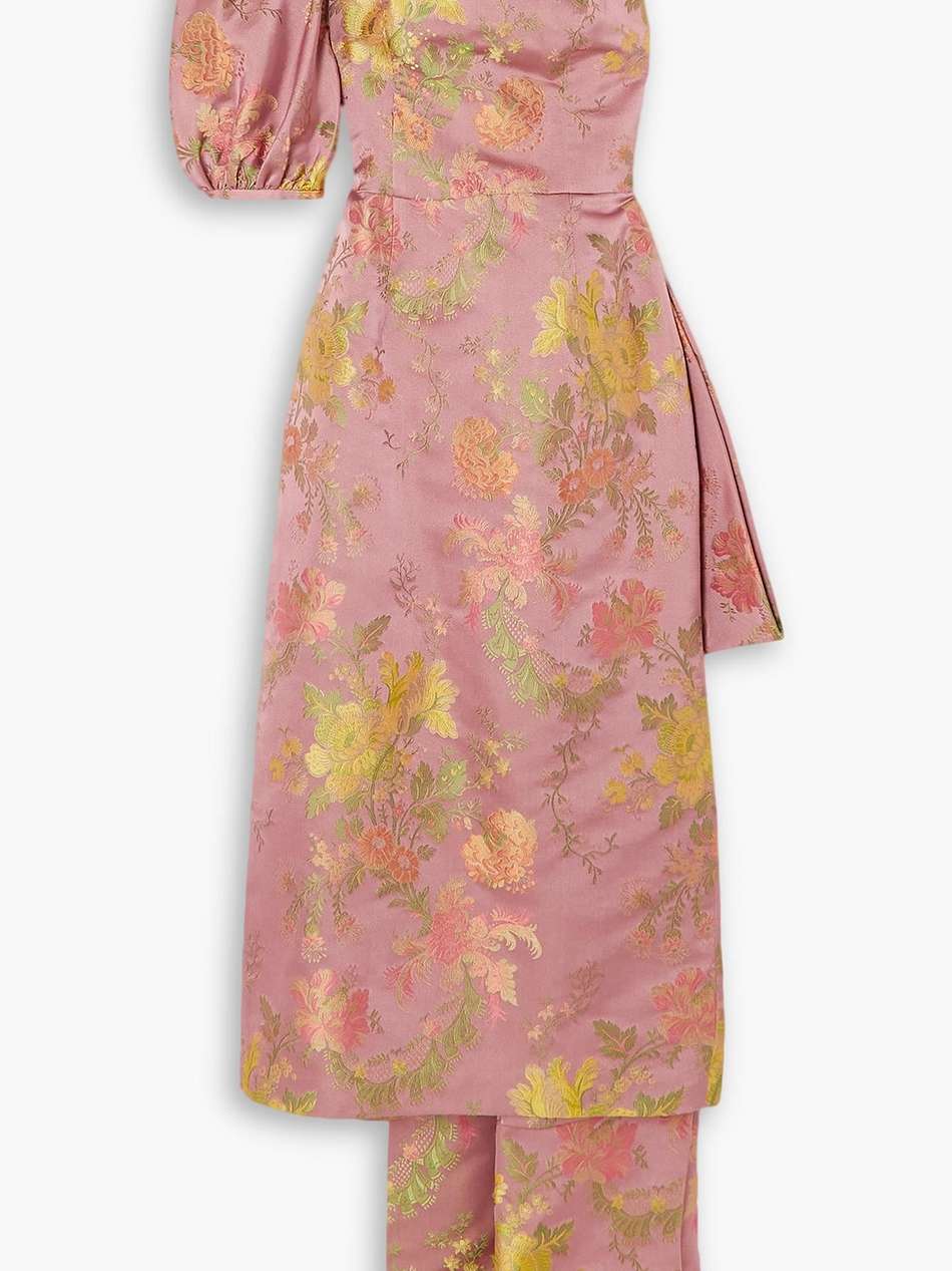drusa one-shoulder draped floral-jacquard midi dress