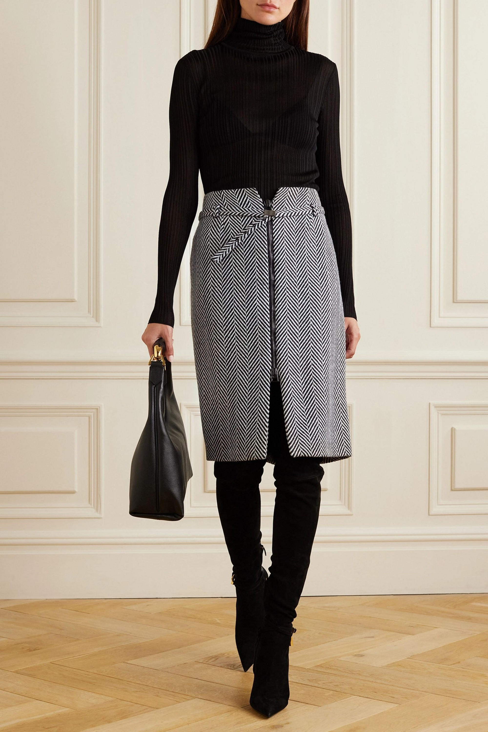 Tom Ford Belted herringbone wool-blend skirt