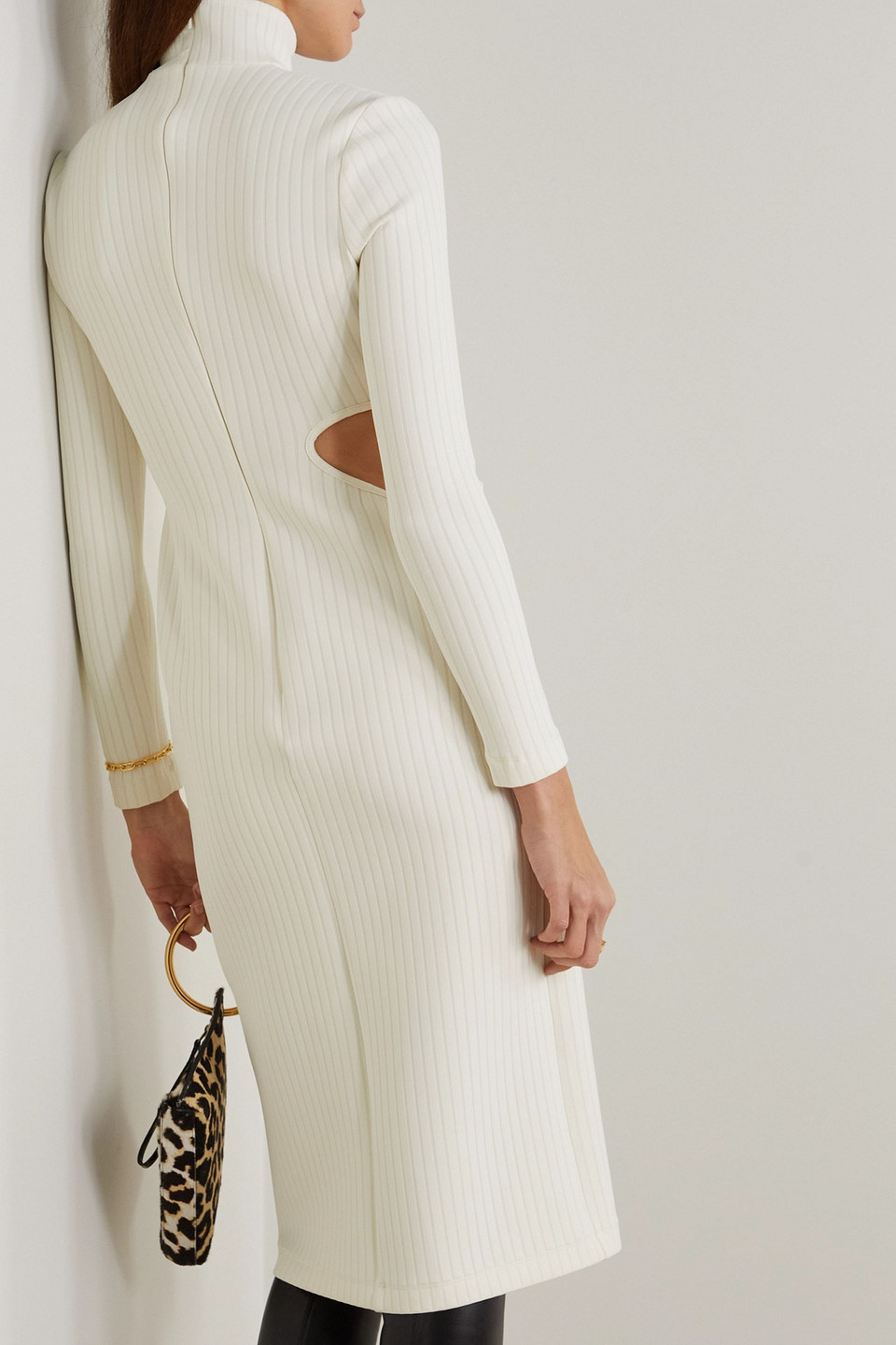 Halpern Cutout Ribbed Stretch-knit Midi Turtleneck Dress In Ivory