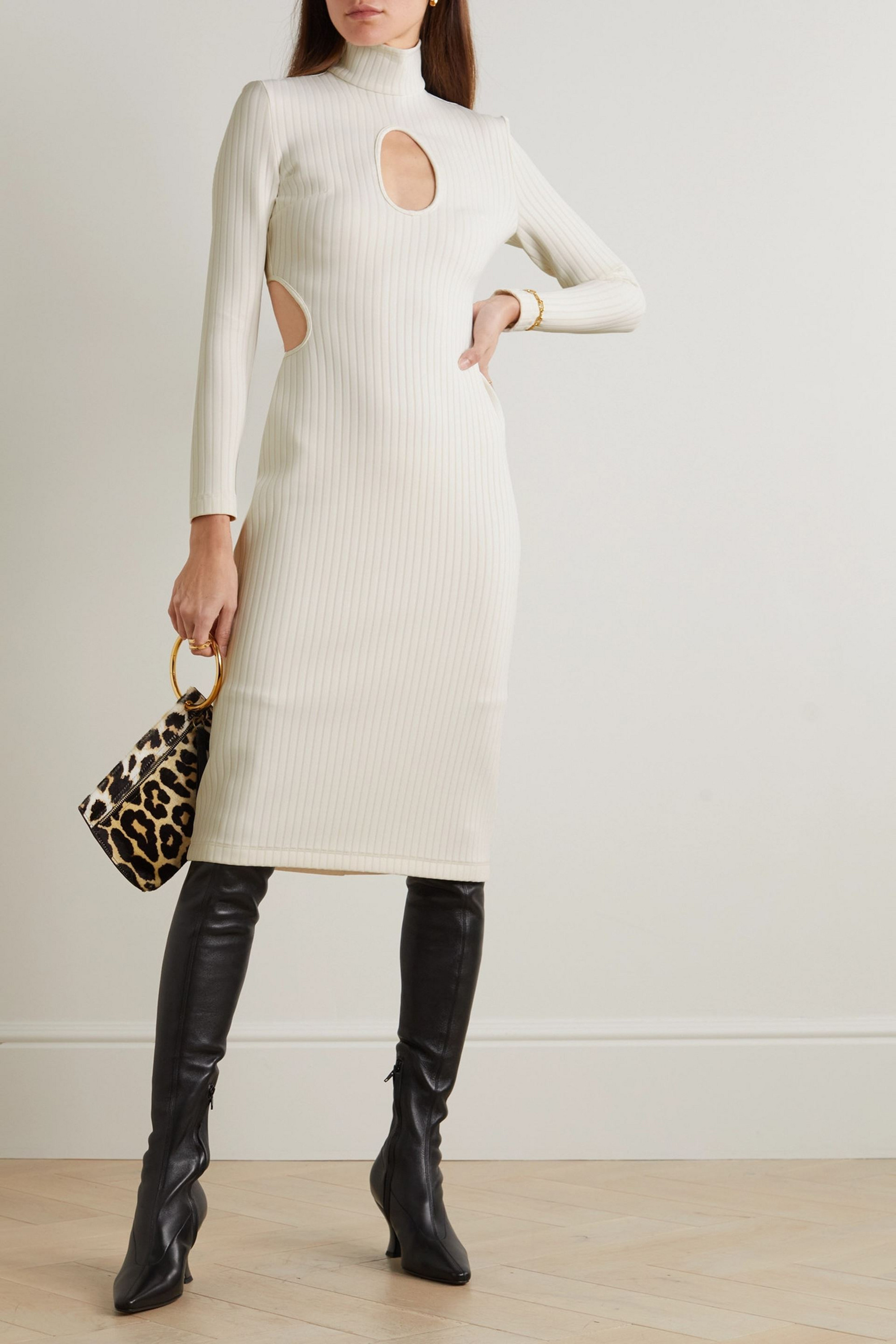 HALPERN Cutout ribbed stretch-knit midi turtleneck dress