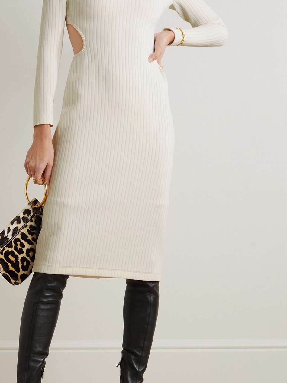 cutout ribbed stretch-knit midi turtleneck dress