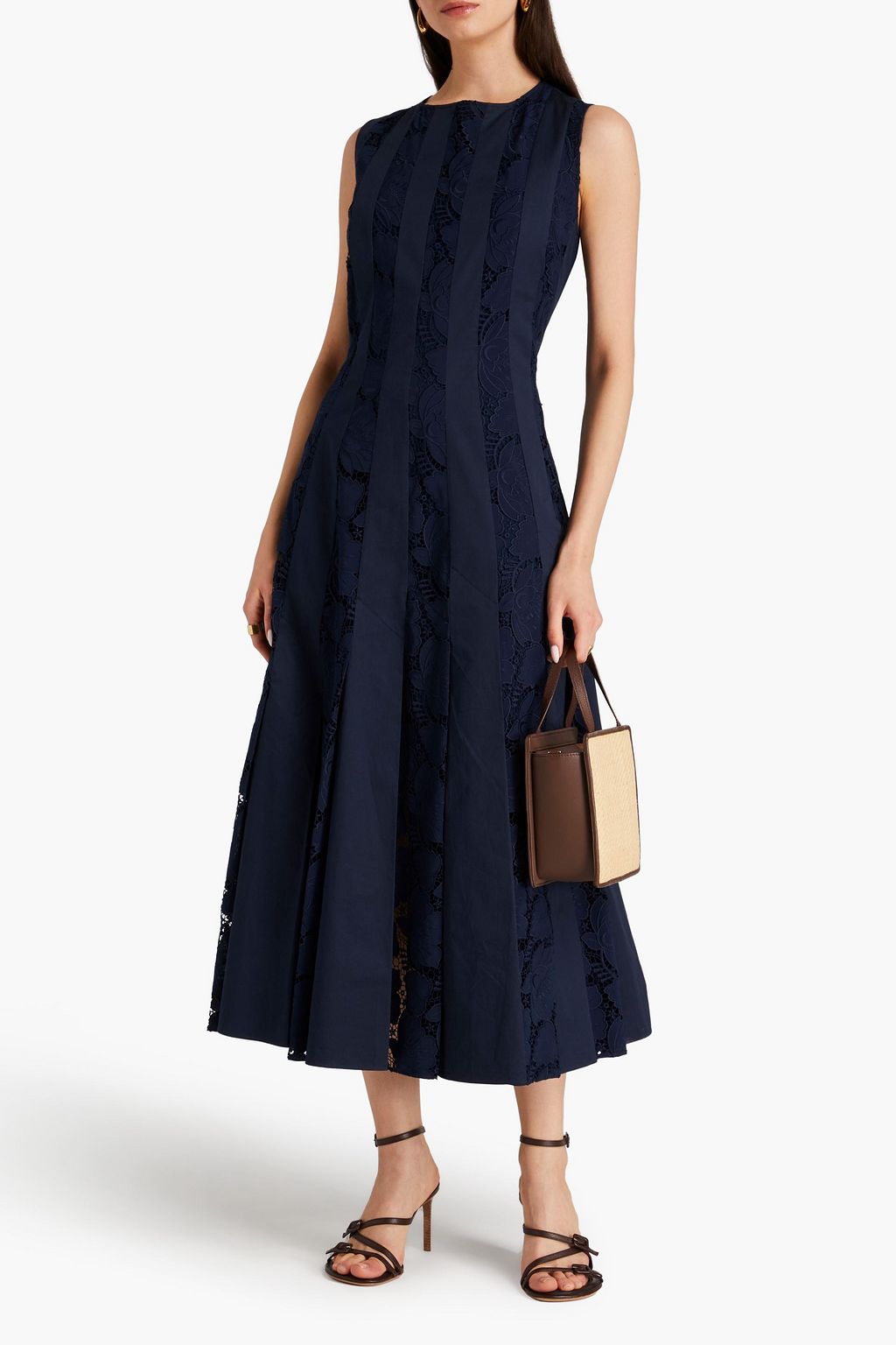 OSCAR DE LA RENTA Guipure lace-paneled cotton-blend poplin midi dress