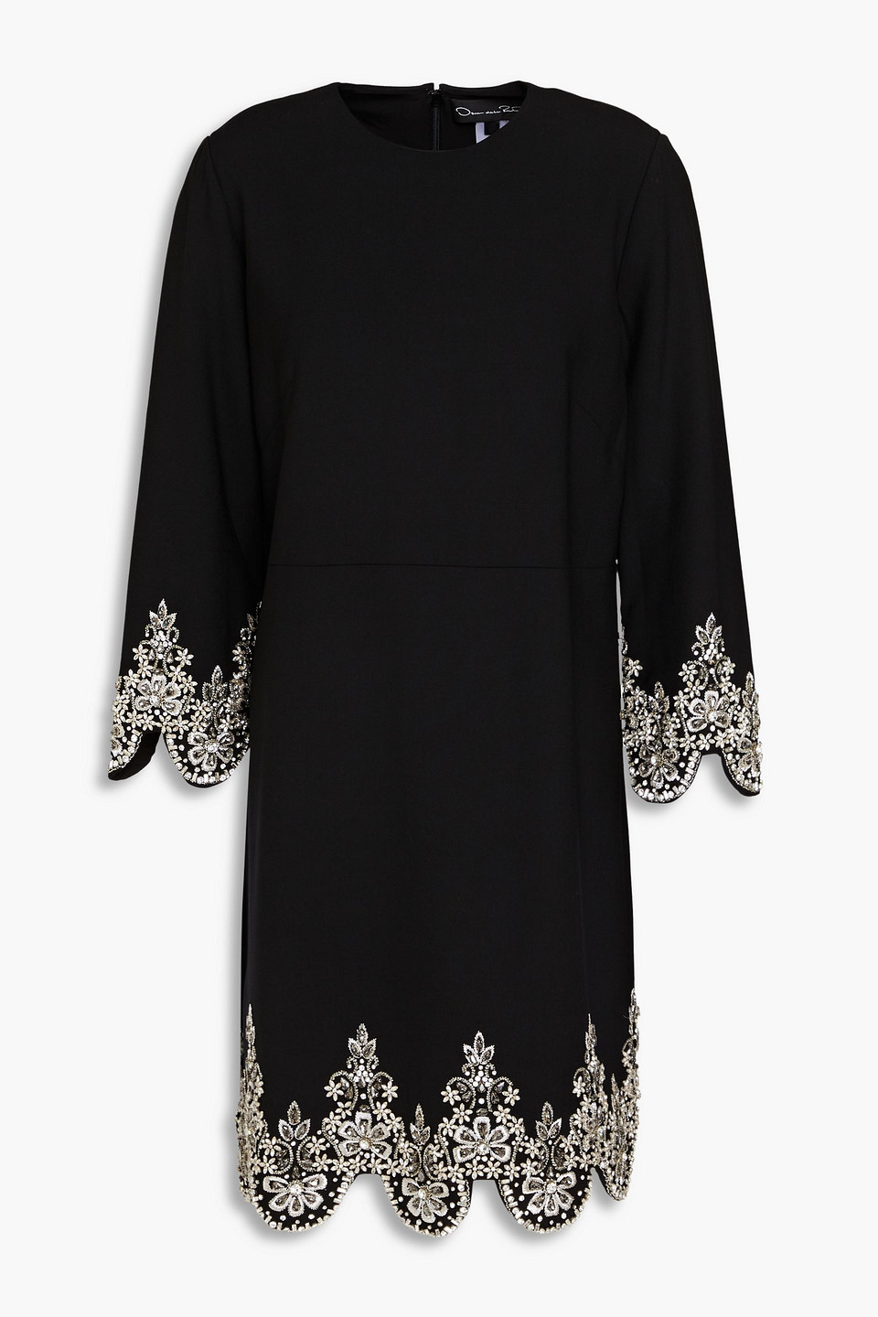 Oscar De La Renta Embroidered Crystal-embellished Wool-blend Mini Dress In Black