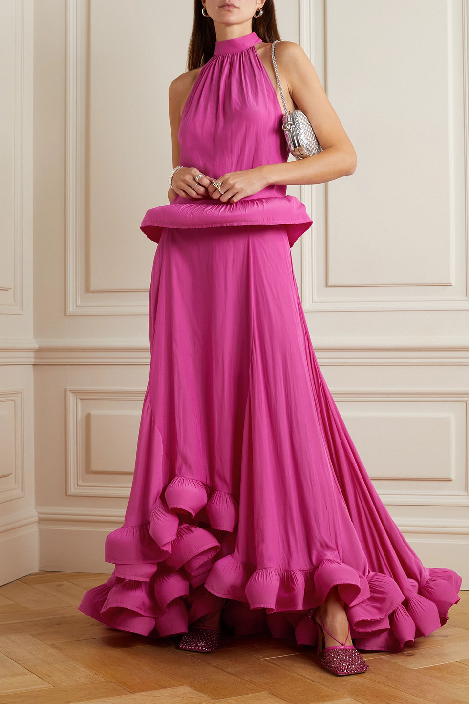Lanvin Satin Peplum Halterneck Top In Fuchsia