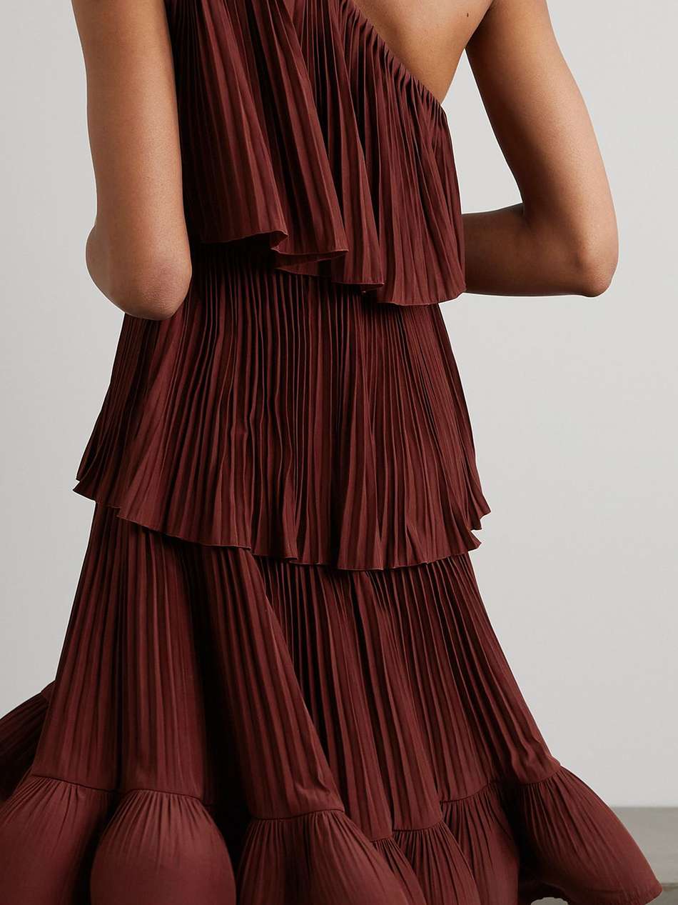 one-shoulder tiered charmeuse mini dress