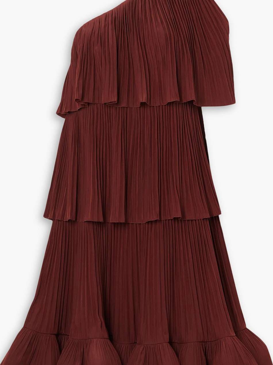 one-shoulder tiered charmeuse mini dress