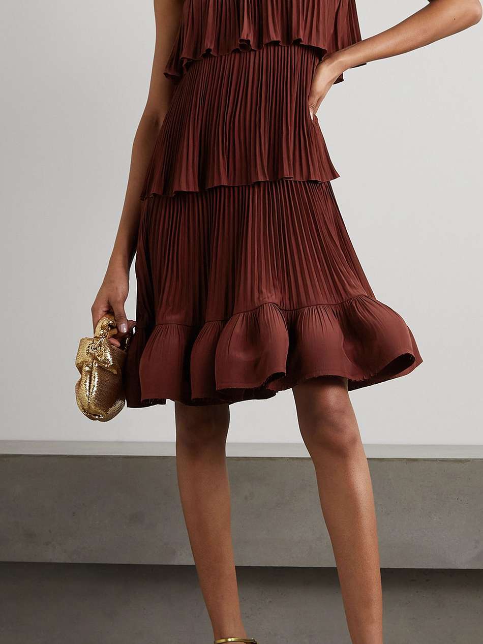 one-shoulder tiered charmeuse mini dress