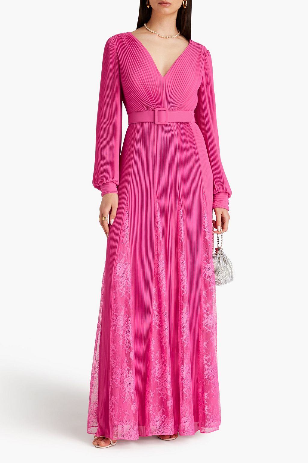 BADGLEY MISCHKA فستان سهرة من الجورجيت بكسرات وحواف من الدانتيل