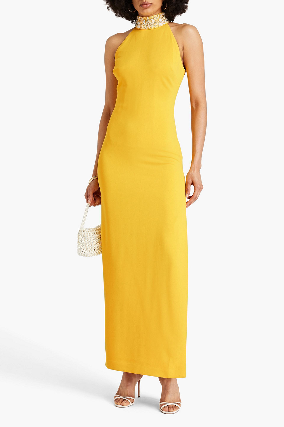 Badgley Mischka Embellished Crepe Gown In Yellow