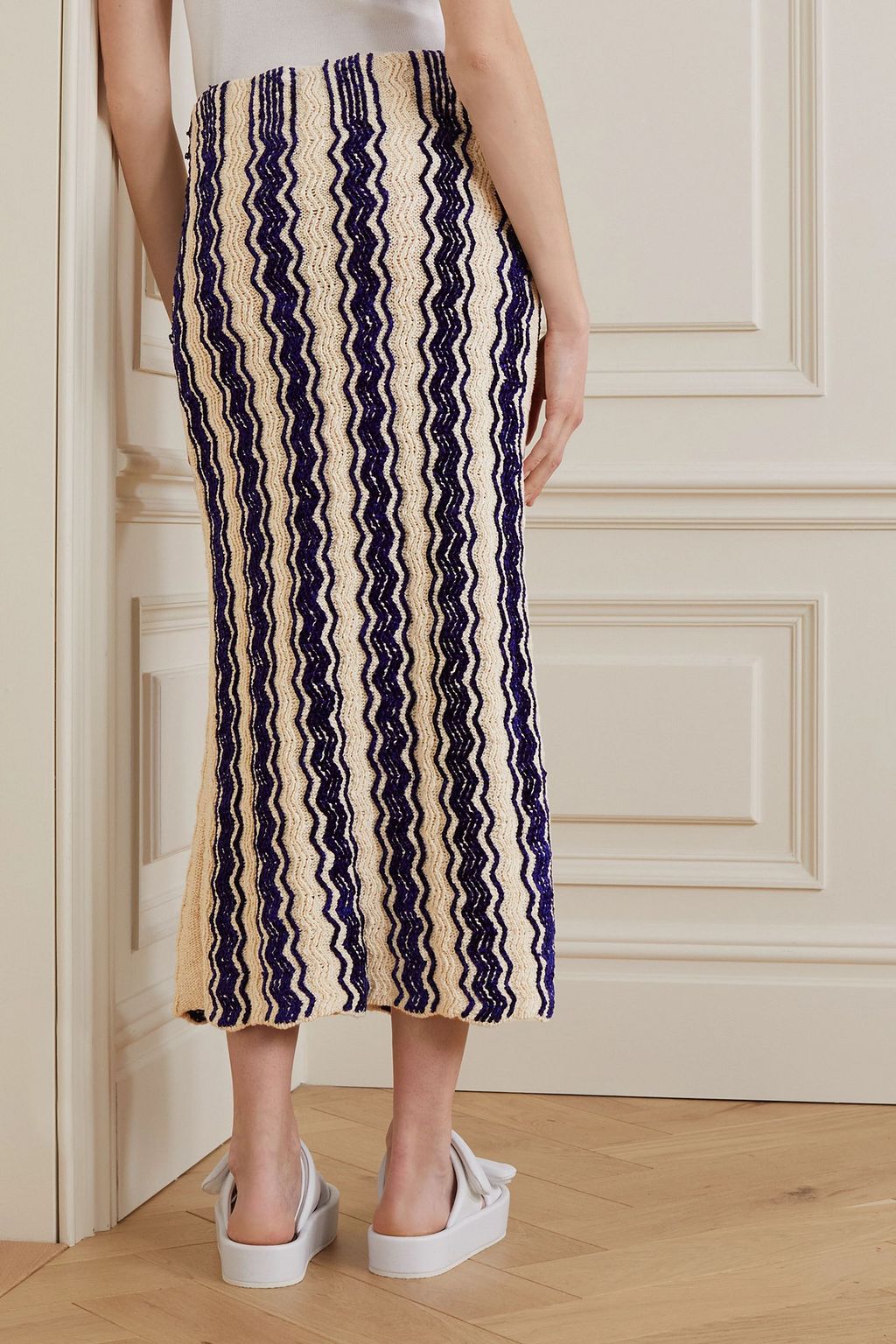 JIL SANDER Chenille-trimmed striped cotton-blend midi skirt