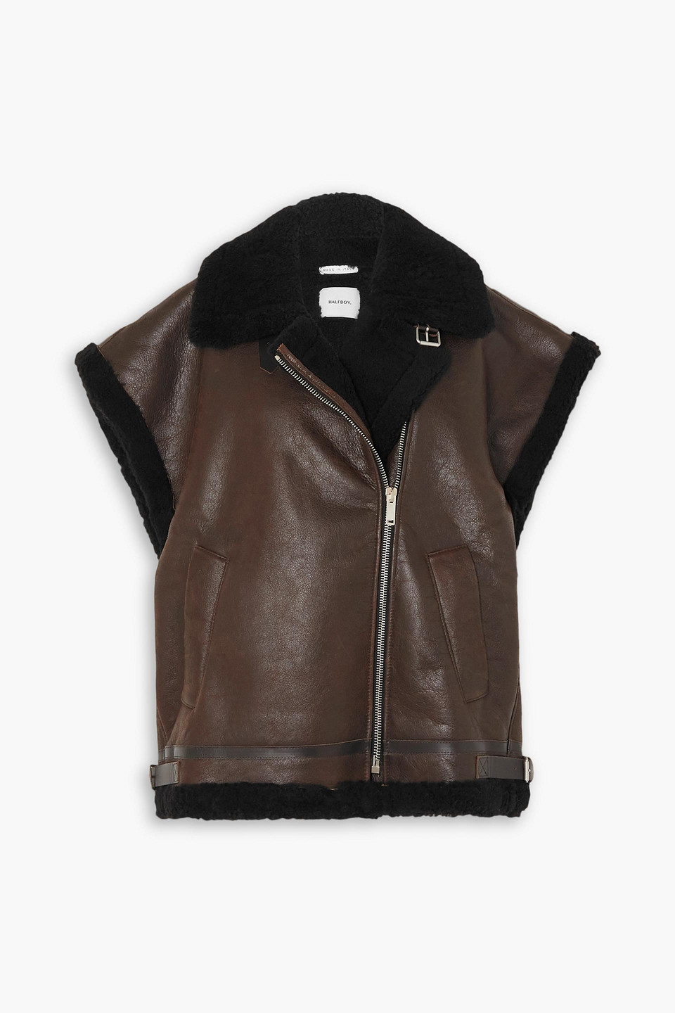 Halfboy Biker Leather-trimmed Shearling Vest In Dark Brown