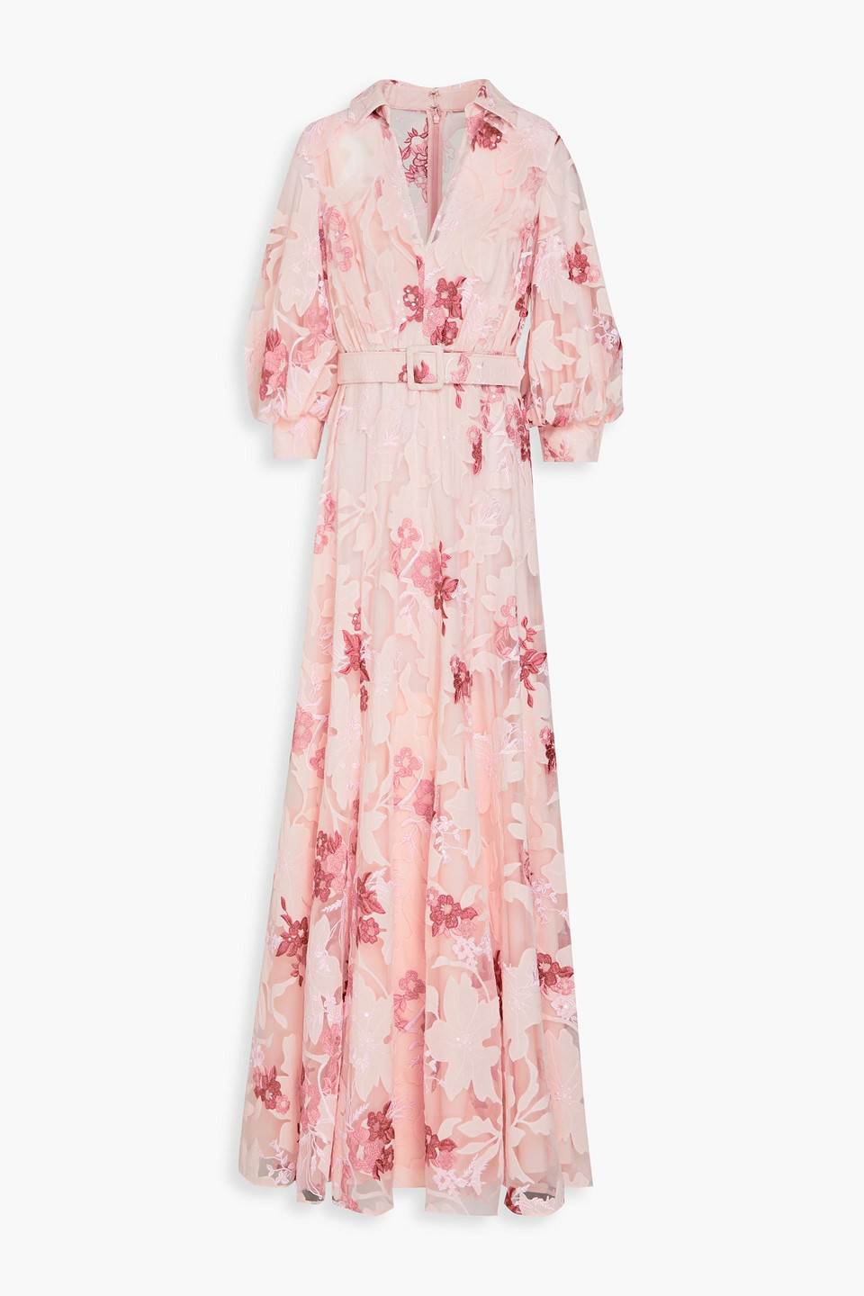 Badgley Mischka Embellished Chiffon And Tulle Maxi Dress In Pastel Pink
