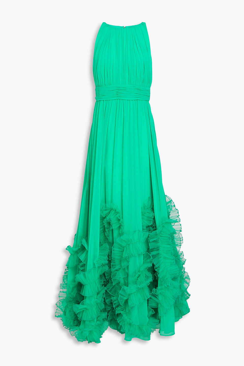 Badgley Mischka Ruffled Chiffon And Tulle Gown In Jade