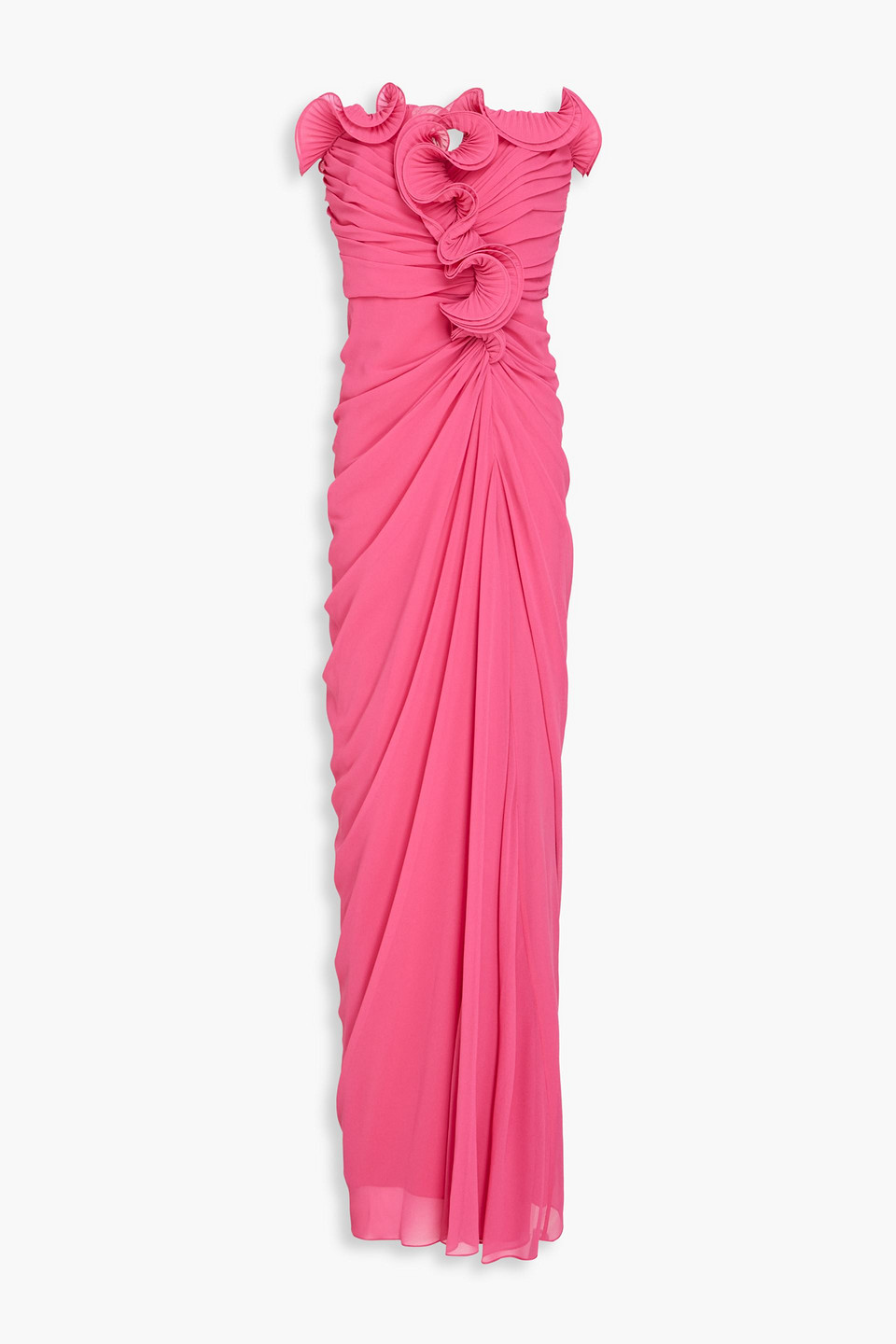 Badgley Mischka Strapless Ruffled Chiffon Gown In Pink