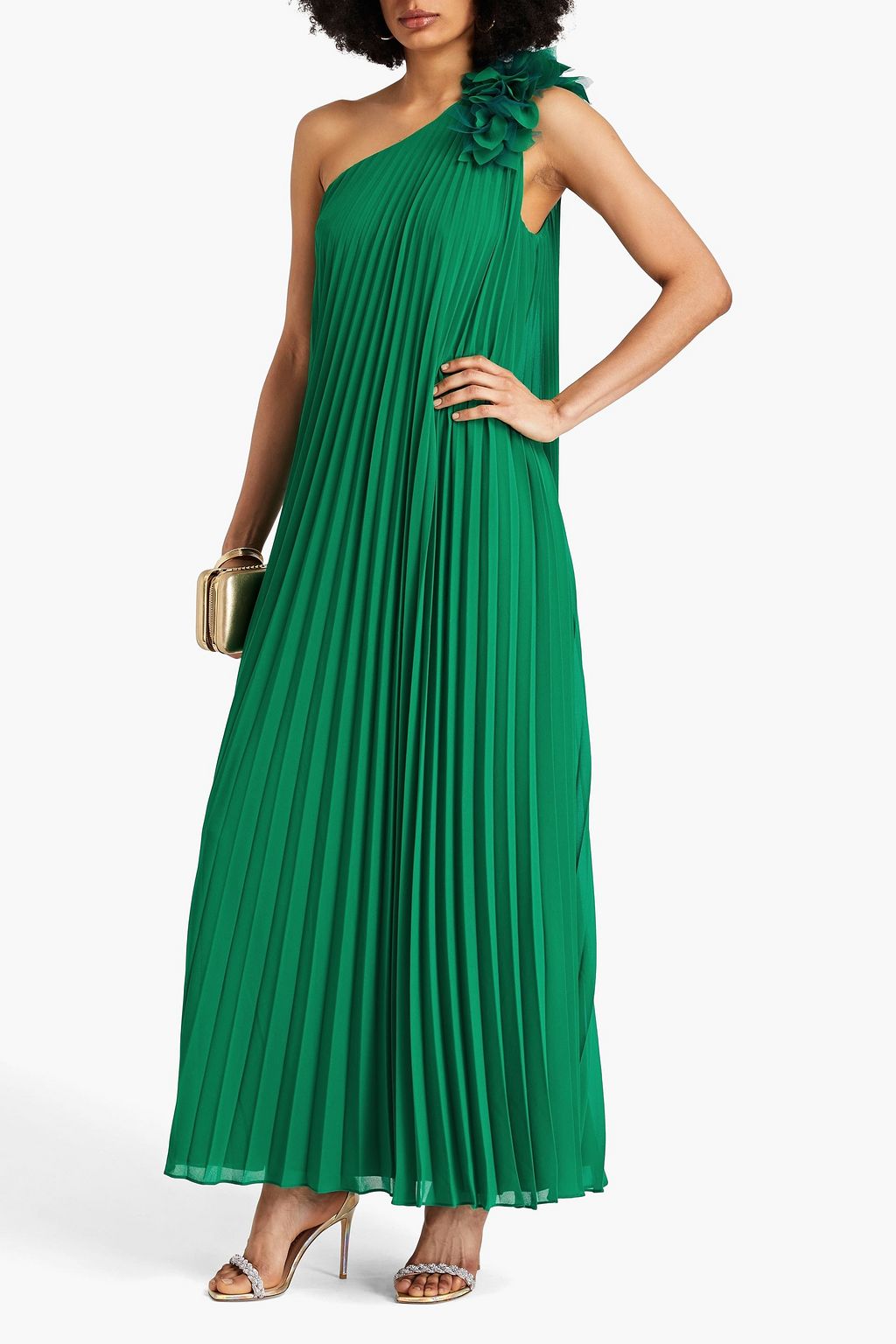 BADGLEY MISCHKA فستان سهرة من الجورجيت مزين بكسرات وكتف واحد