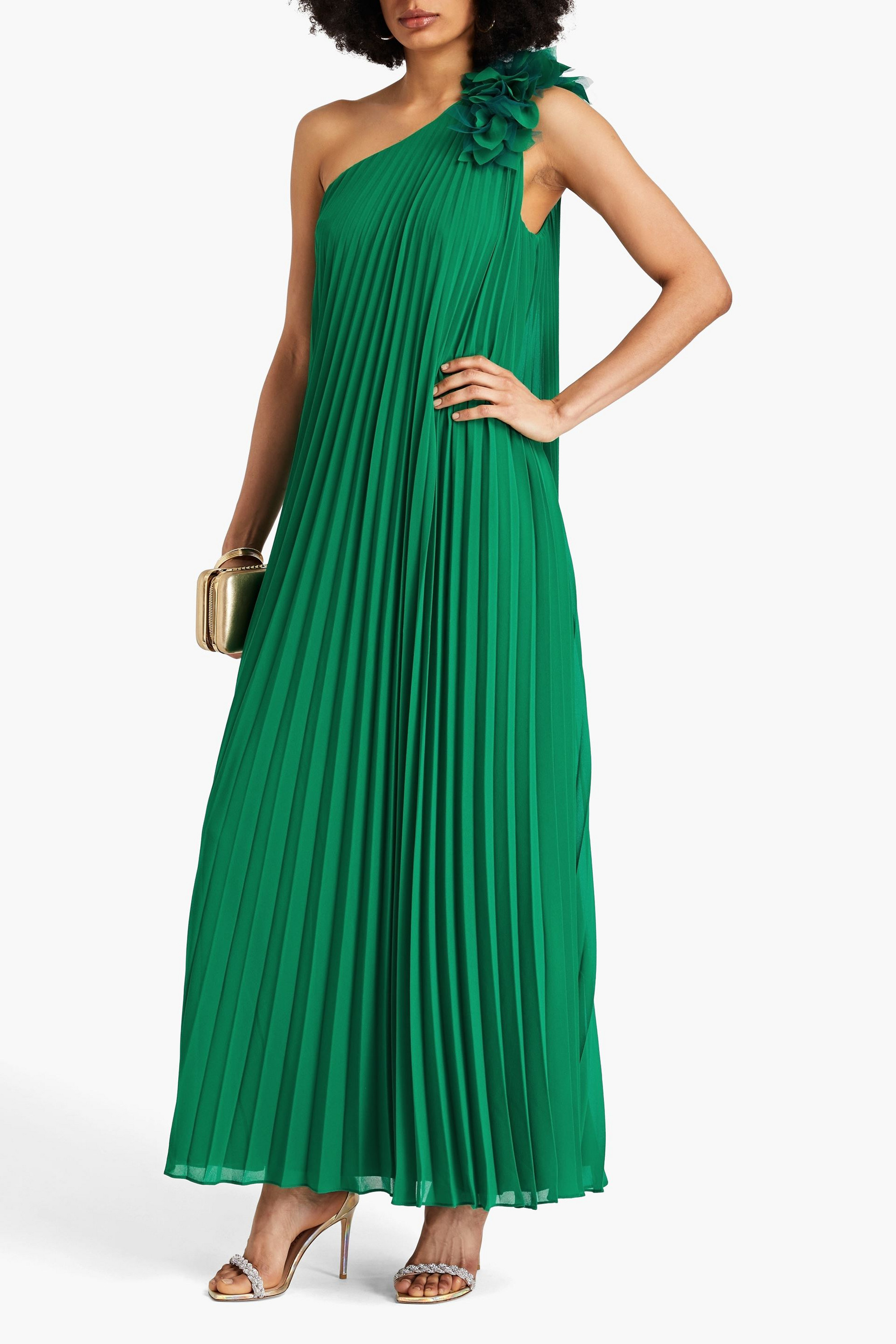 Badgley Mischka One-shoulder pleated georgette gown