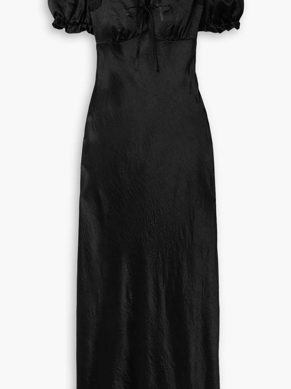 lace-trimmed crinkled-satin midi dress