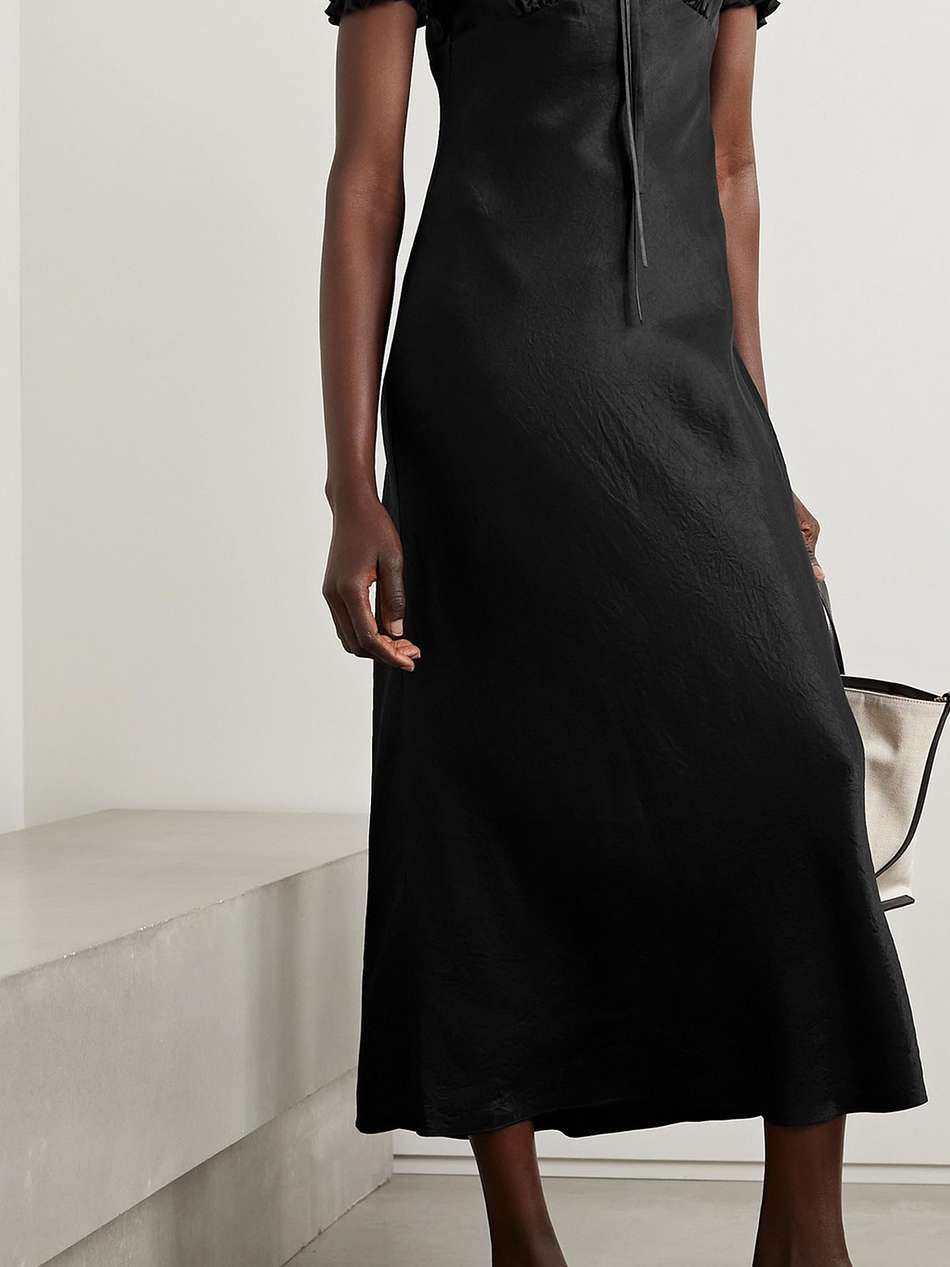 lace-trimmed crinkled-satin midi dress