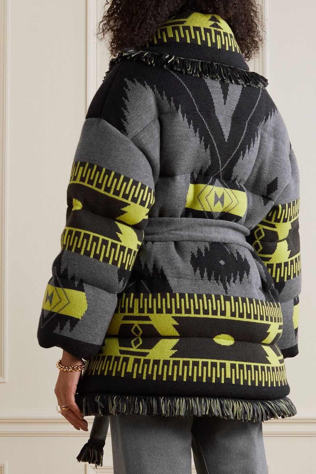 Icon belted fringed quilted wool-jacquard down jacket - anthracite - XS/S
